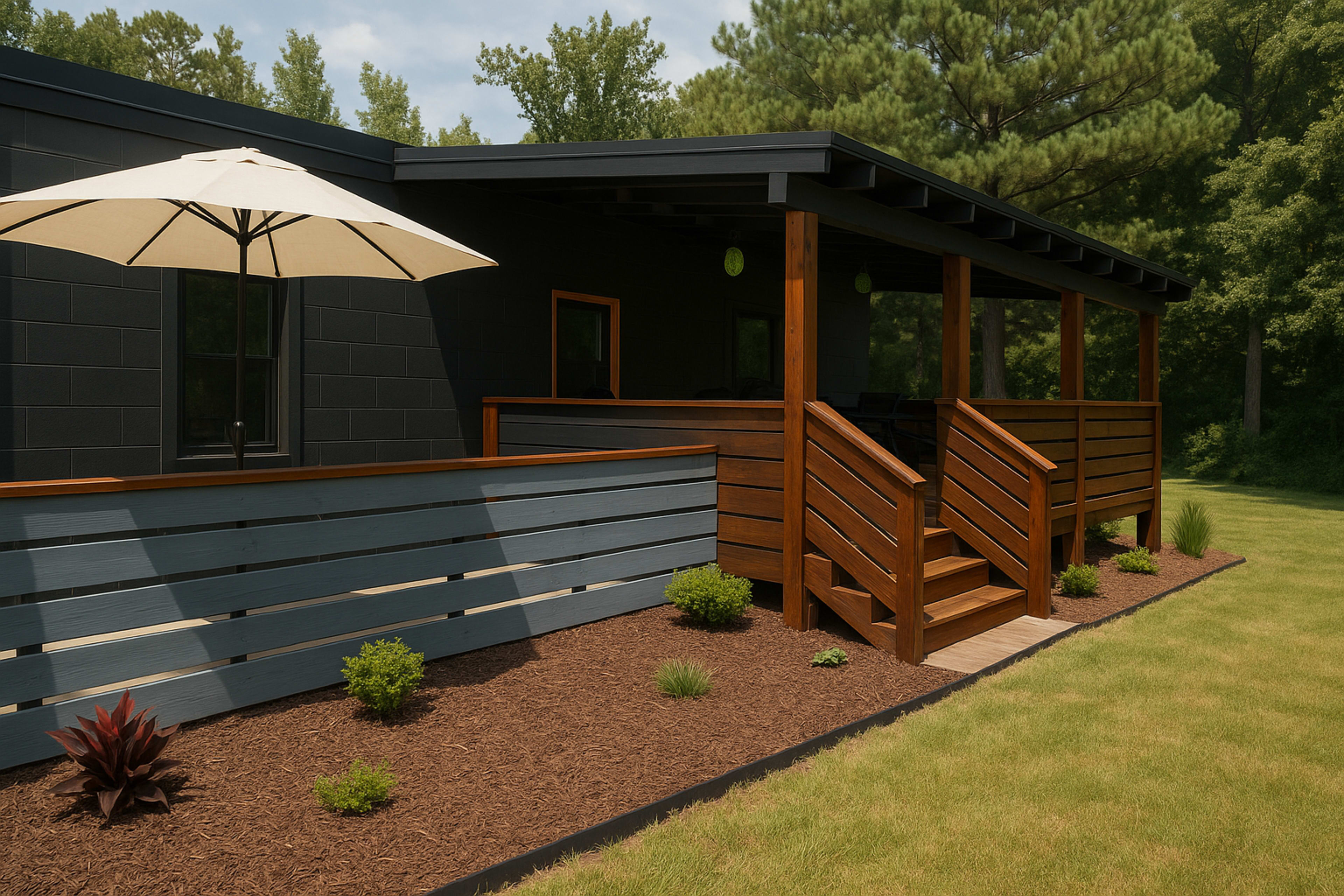 The image showcases a modern house with a wooden deck, featuring a shaded area with an umbrella and landscaped greenery in the foreground.