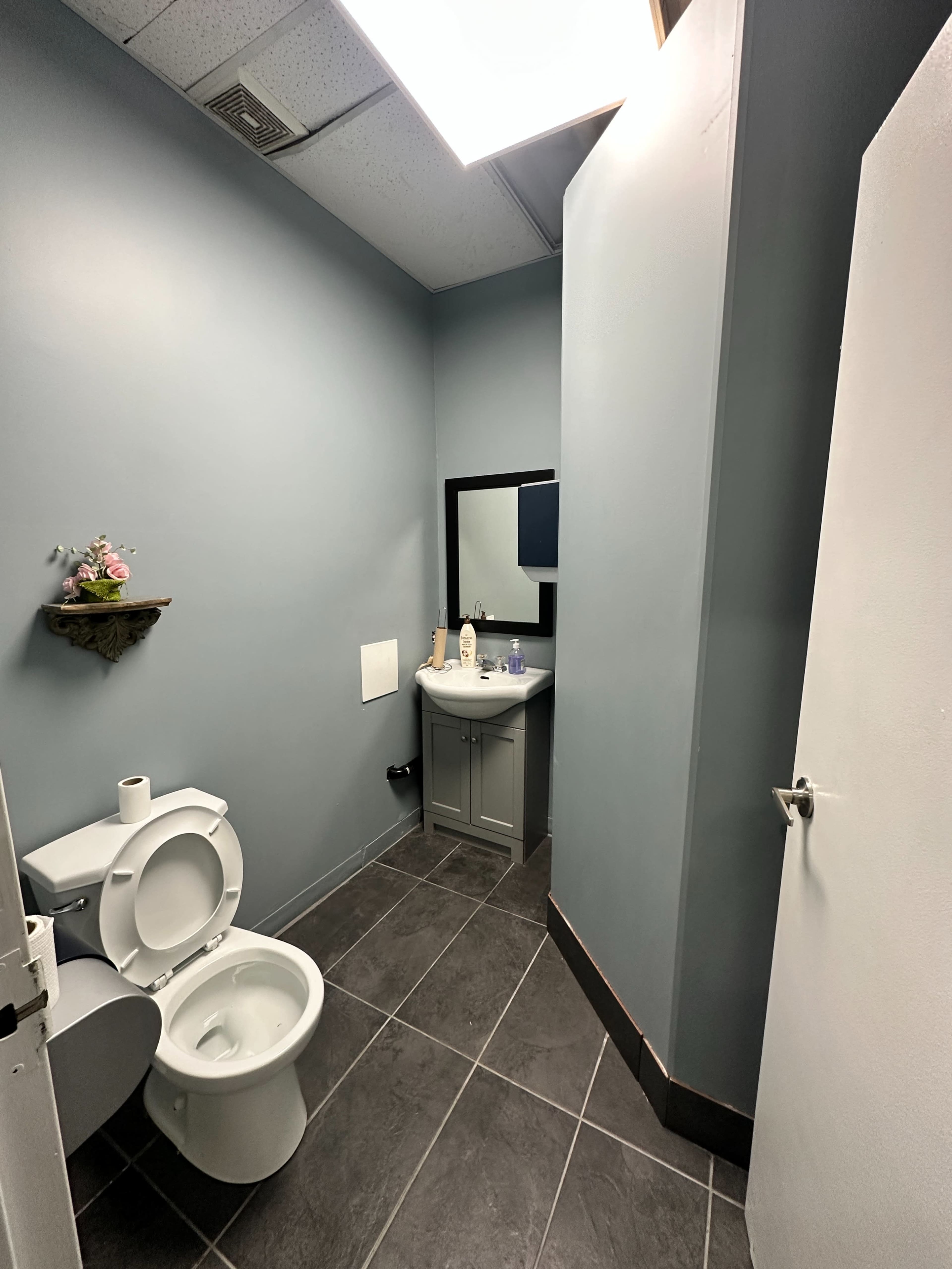 The image shows a small, clean bathroom with a toilet, a sink with a mirror, and gray walls.