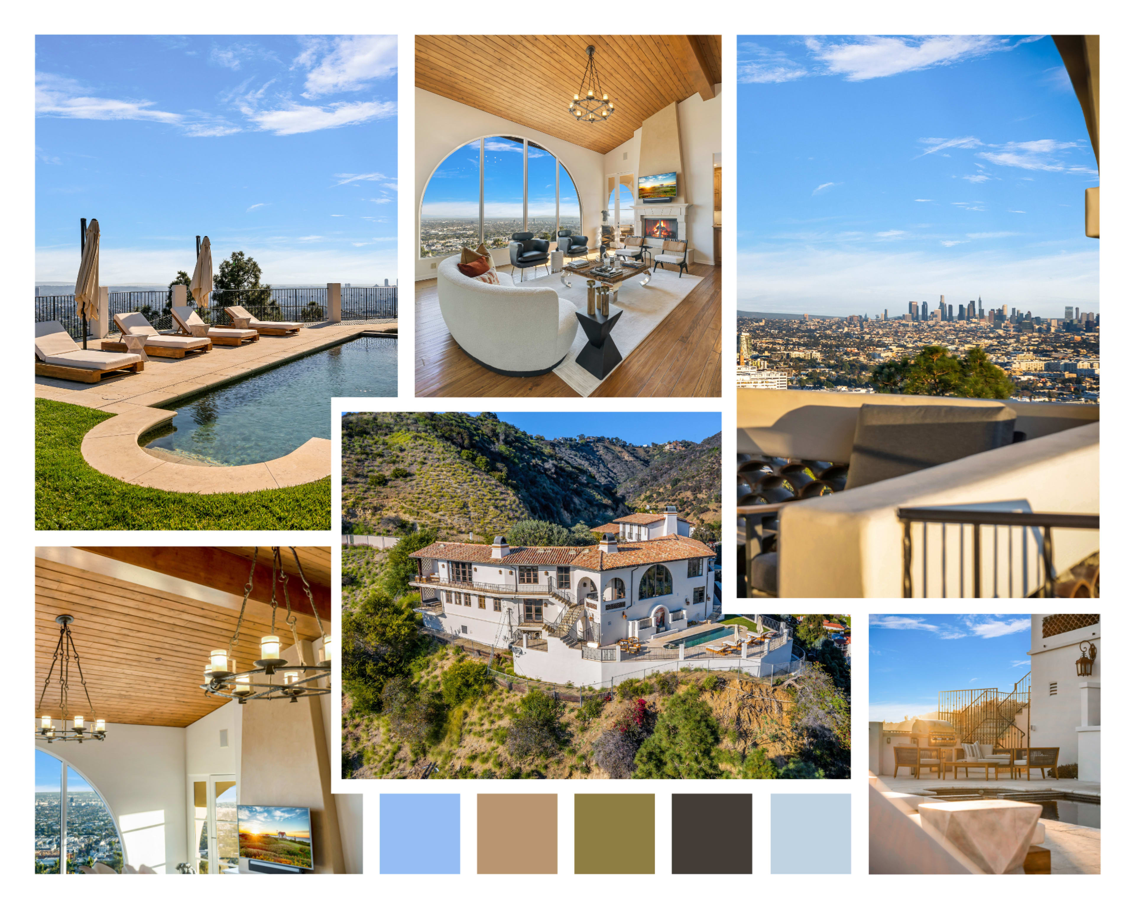 The image showcases a luxurious modern villa with a pool, panoramic city views, and elegantly designed interior spaces.