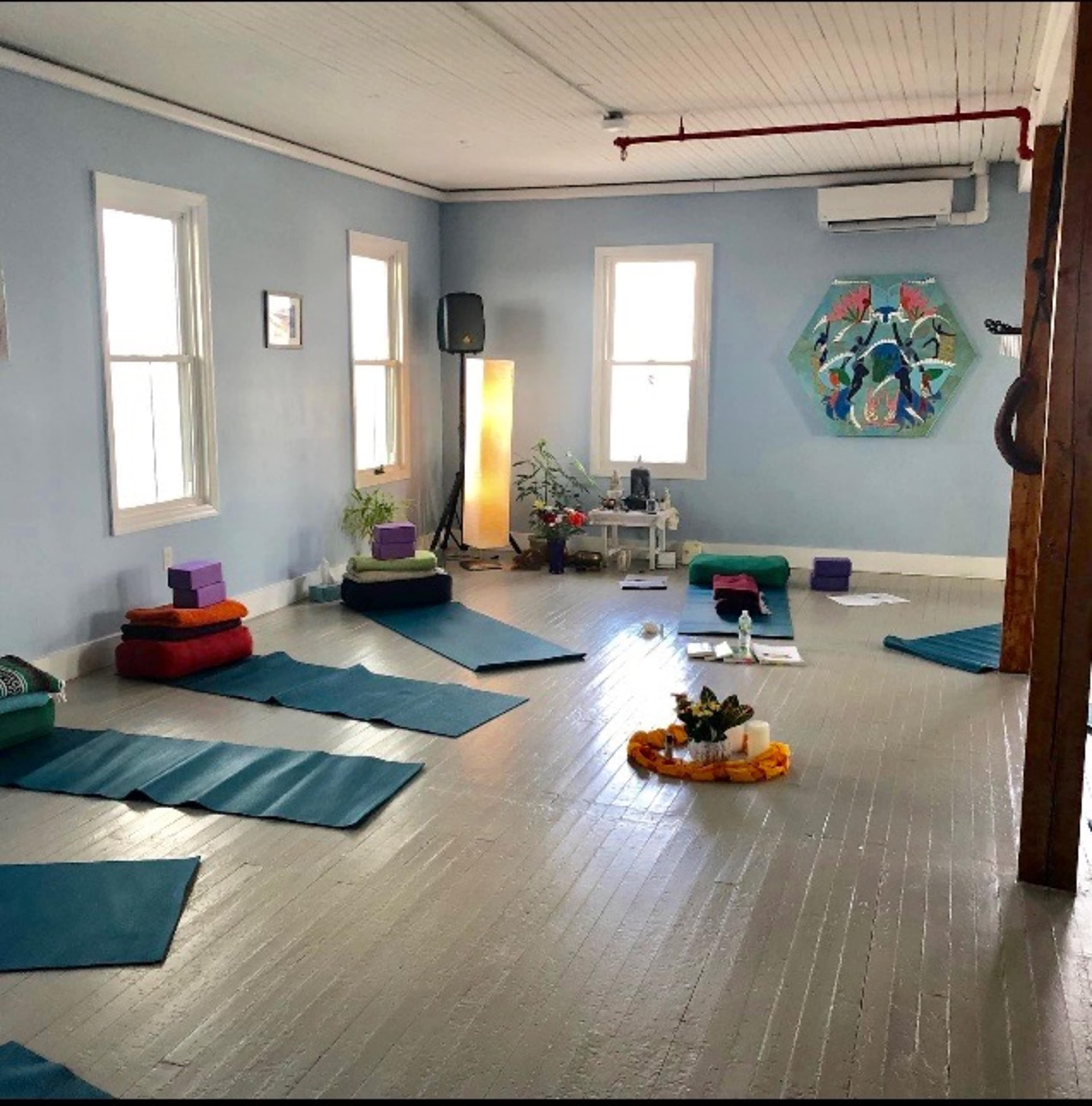 A yoga studio features neatly arranged mats, cushions, and a small altar, with blue walls and an assortment of plants and art.