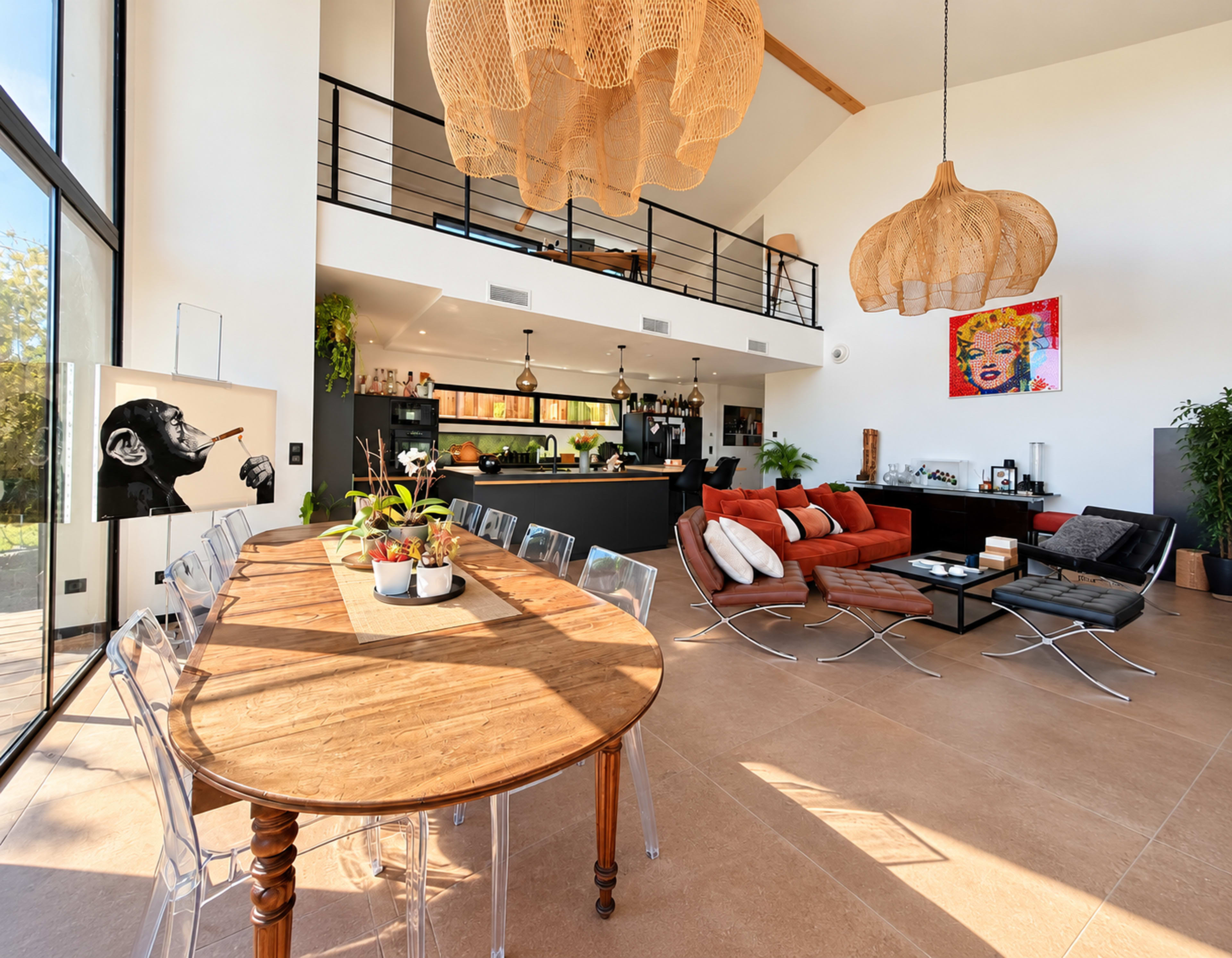 The image shows a modern, open-concept living space with a large wooden dining table, a vibrant orange sofa, and a sleek kitchen area, all illuminated by natural light.