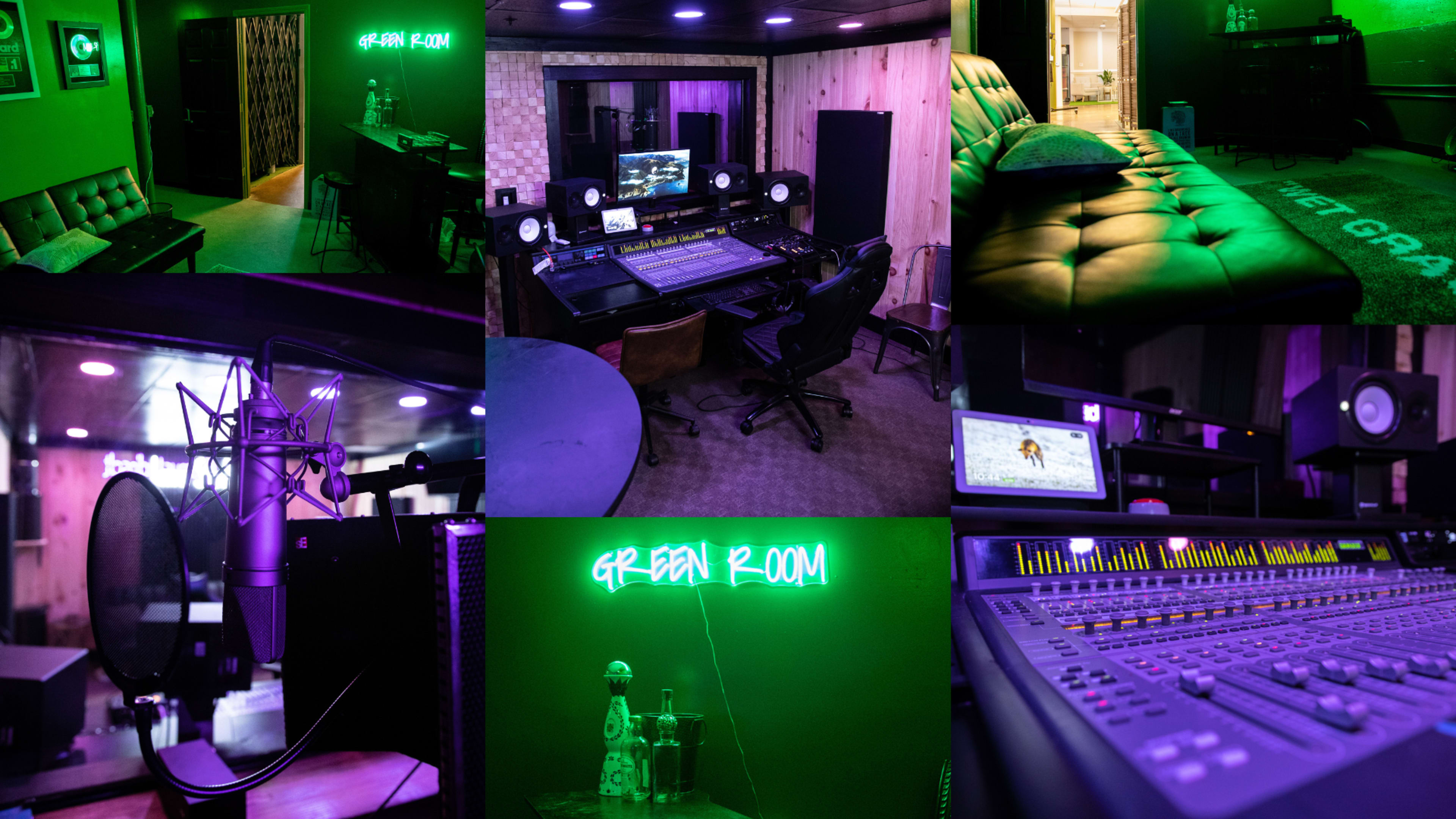 A music studio featuring a recording area, mixing console, and a neon sign reading "GREEN ROOM," all illuminated in purple lighting.