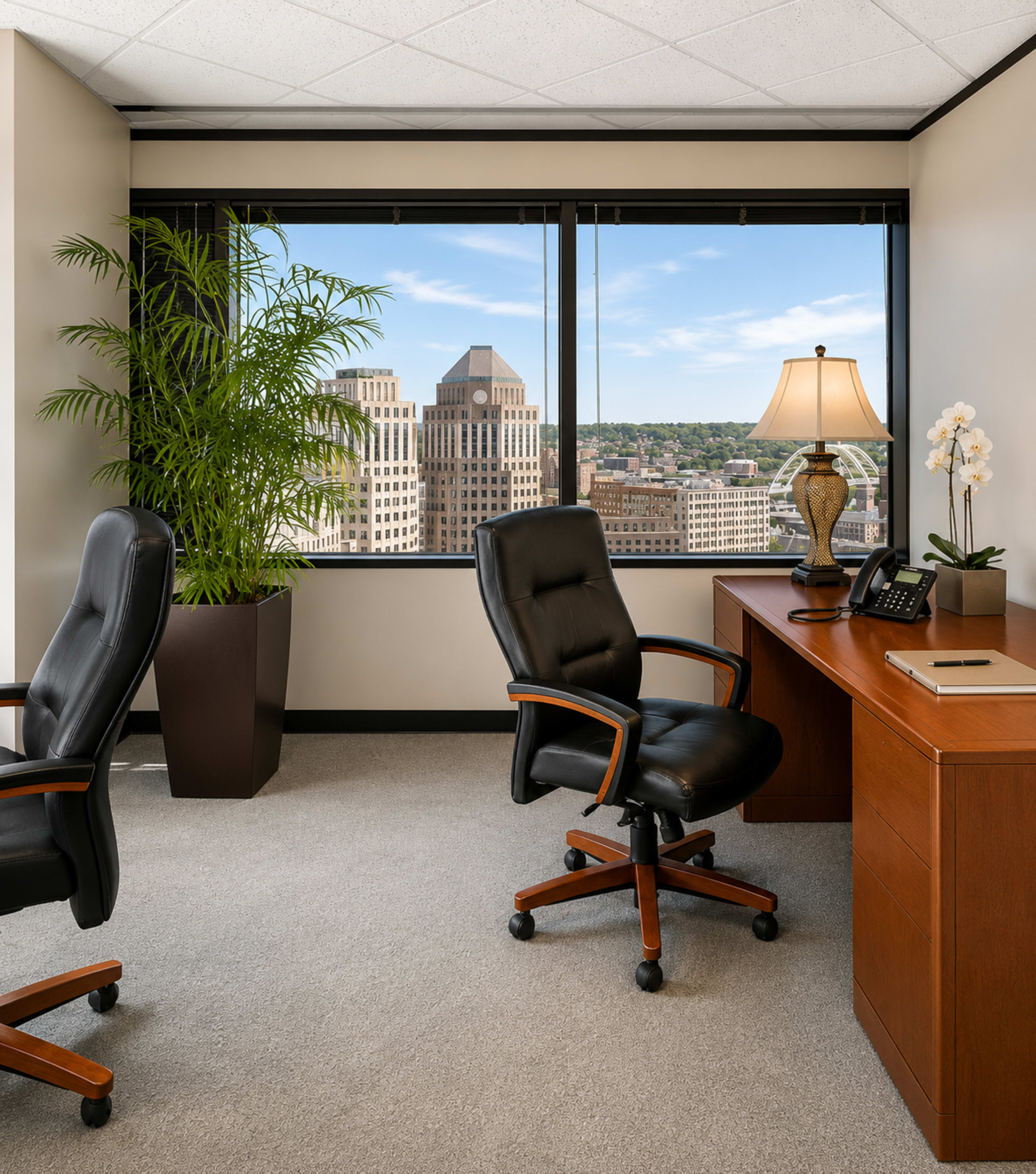 The image shows an office with a wooden desk, two black office chairs, a potted plant, and a large window overlooking a city skyline.