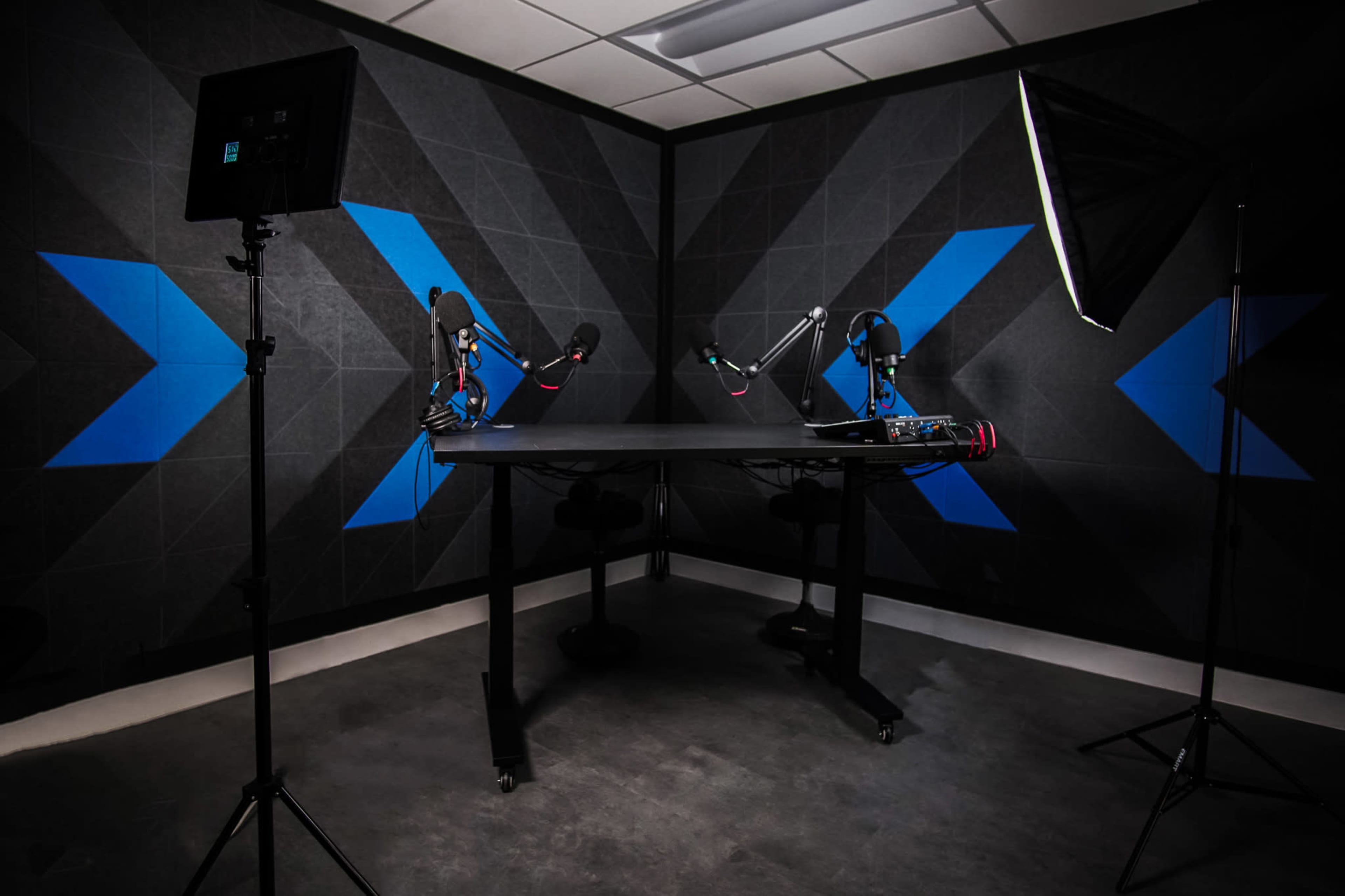 A podcast recording studio with a large black table, two mounted microphones, and softbox lighting against a patterned wall.