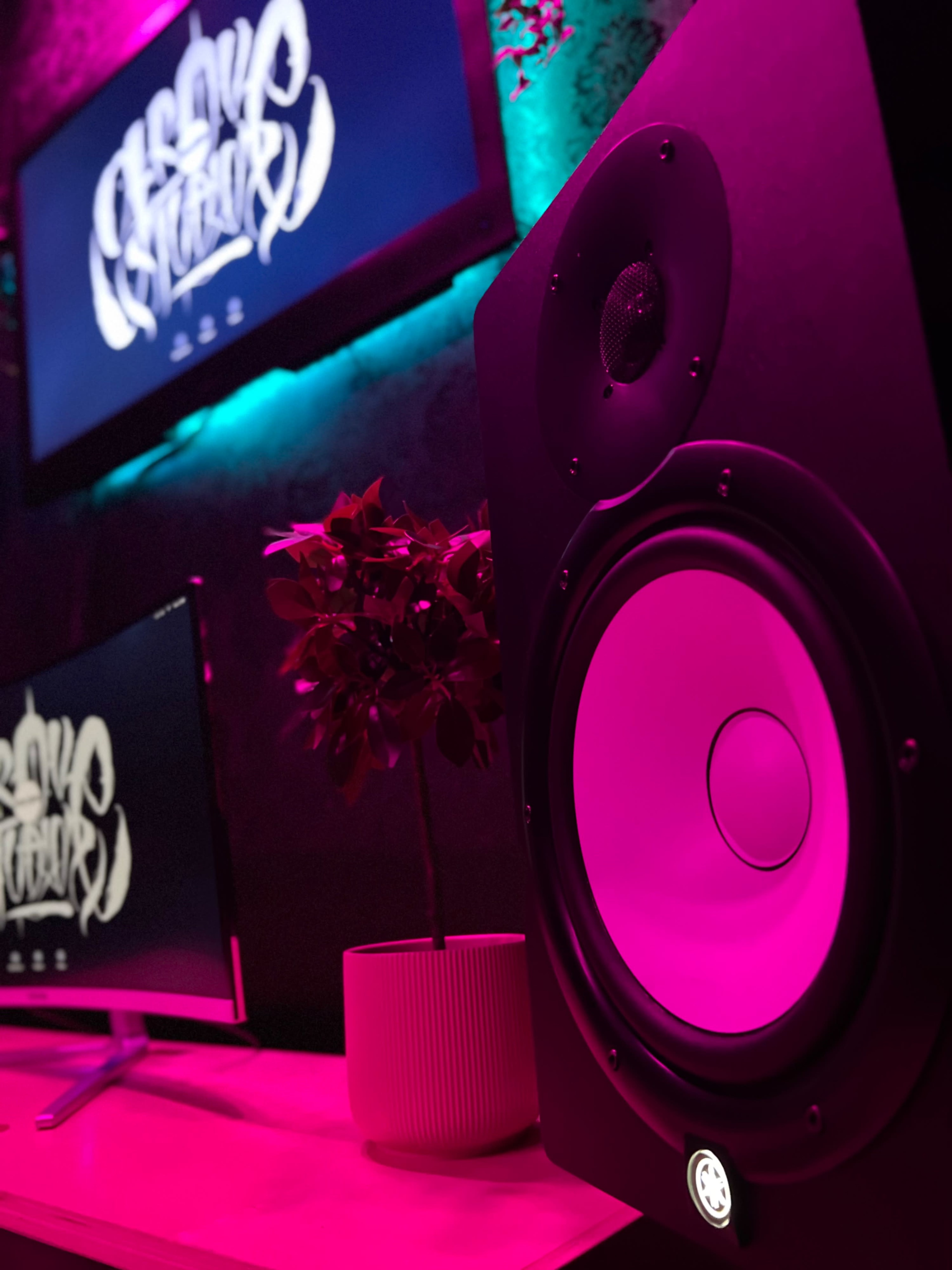 A close-up of a speaker with a pink light, accompanied by a computer monitor displaying stylized text and a small potted plant on a desk.