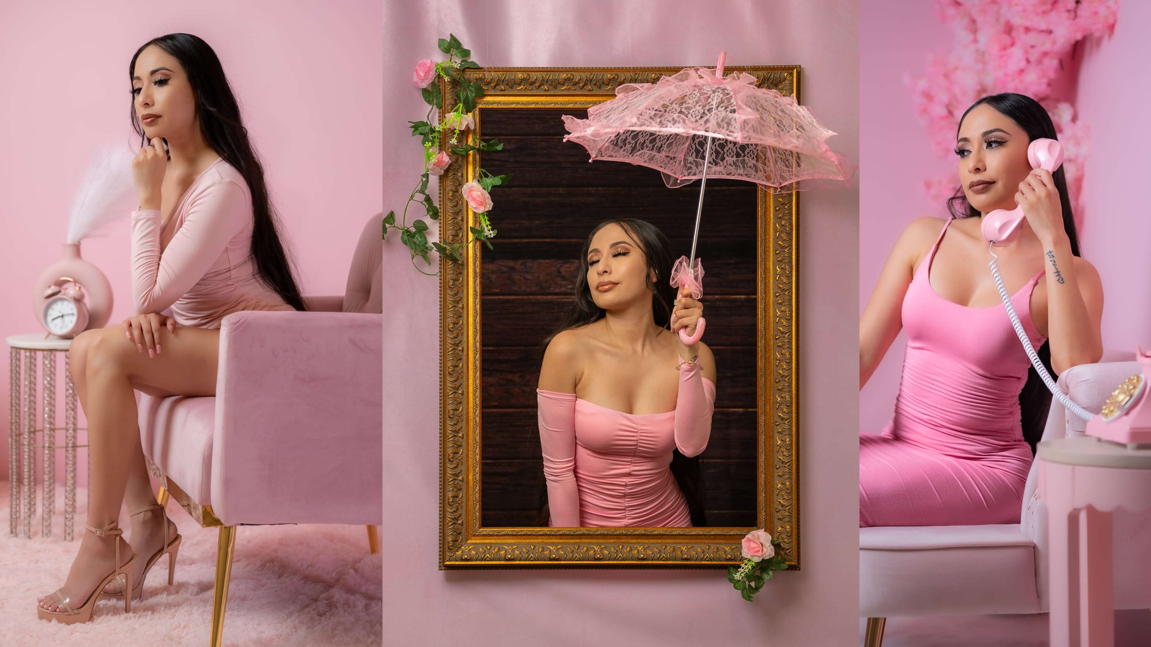 A woman in a pink dress posed in three different configurations: seated beside a clock, framed within a decorative gold picture, and holding a pink umbrella while using a vintage phone.