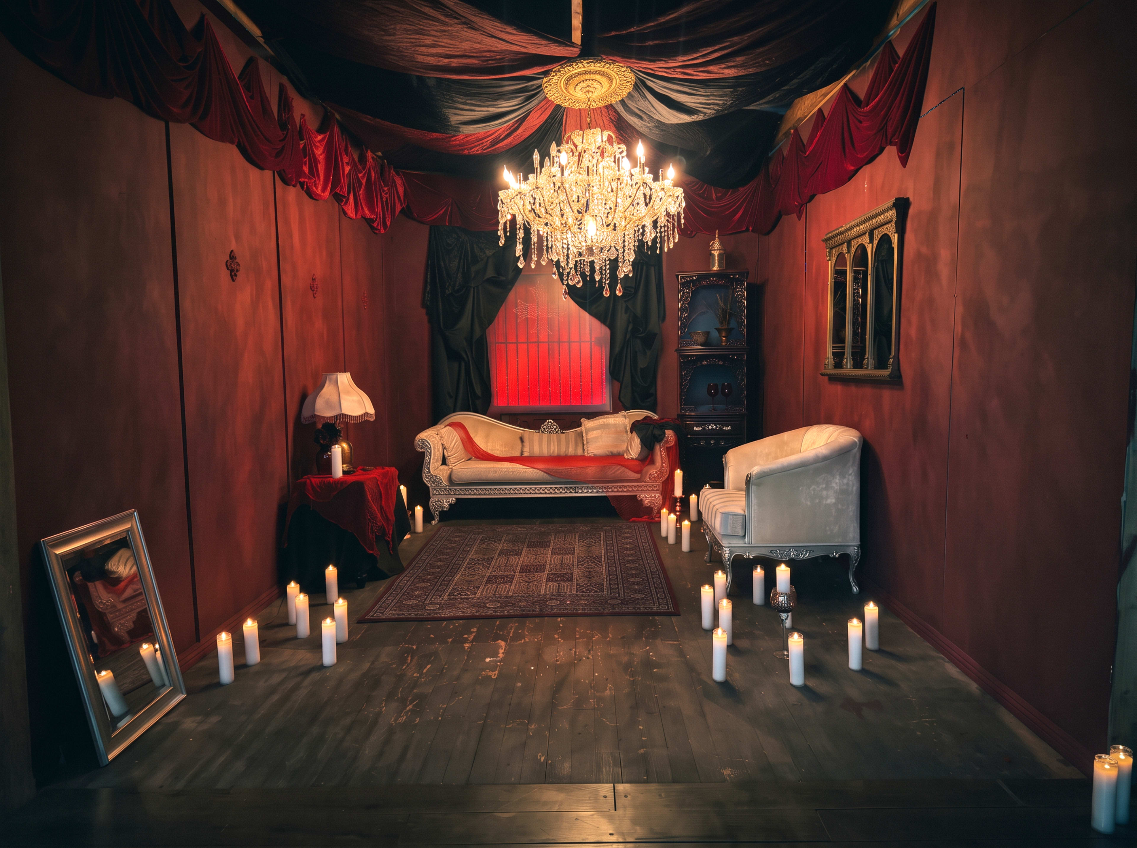 The image depicts a dimly lit room with a chandelier, two sofas, and candles arranged on the floor.