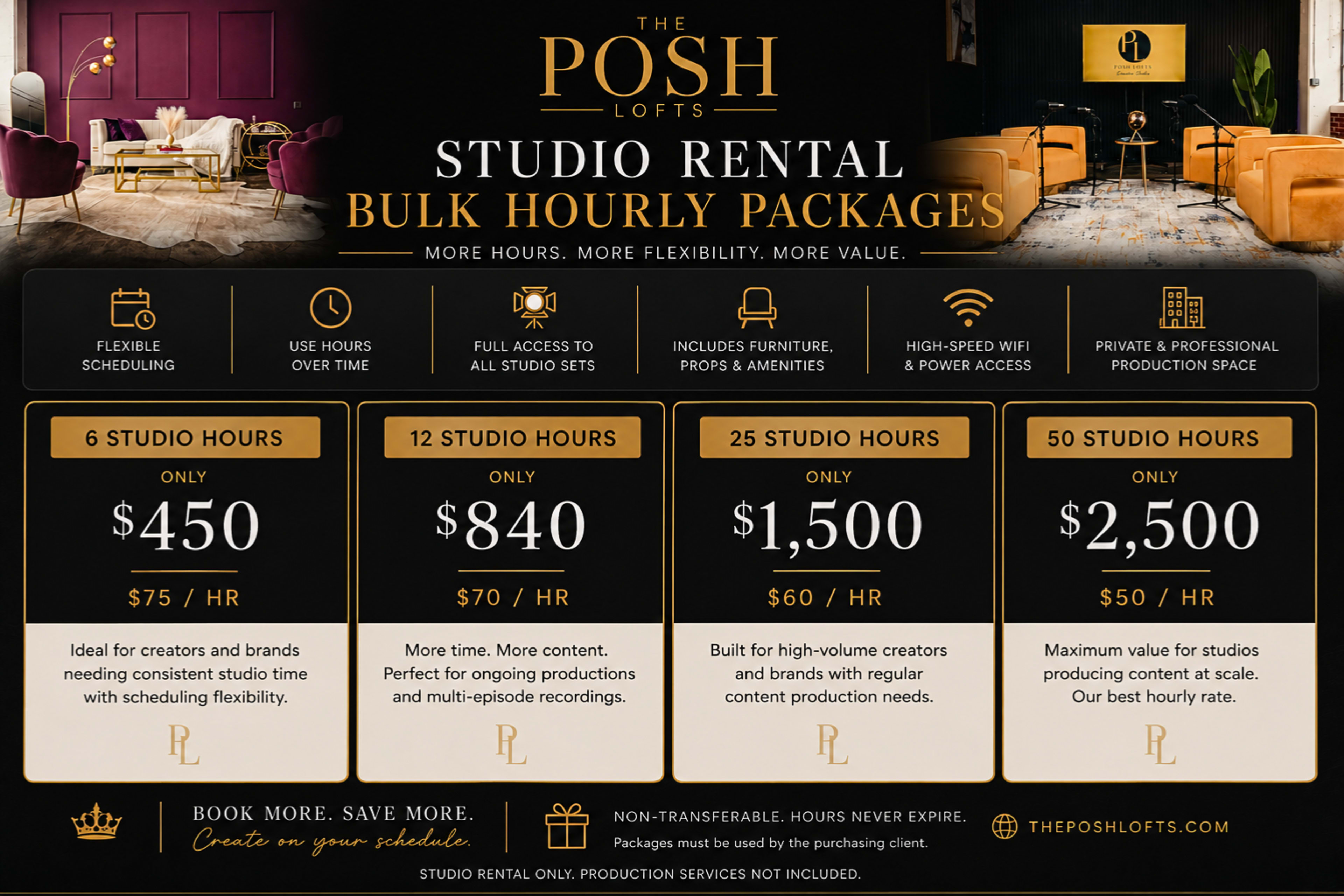 The image displays a promotional flyer for Posh Lofts, outlining studio rental packages with different pricing options based on hours needed.