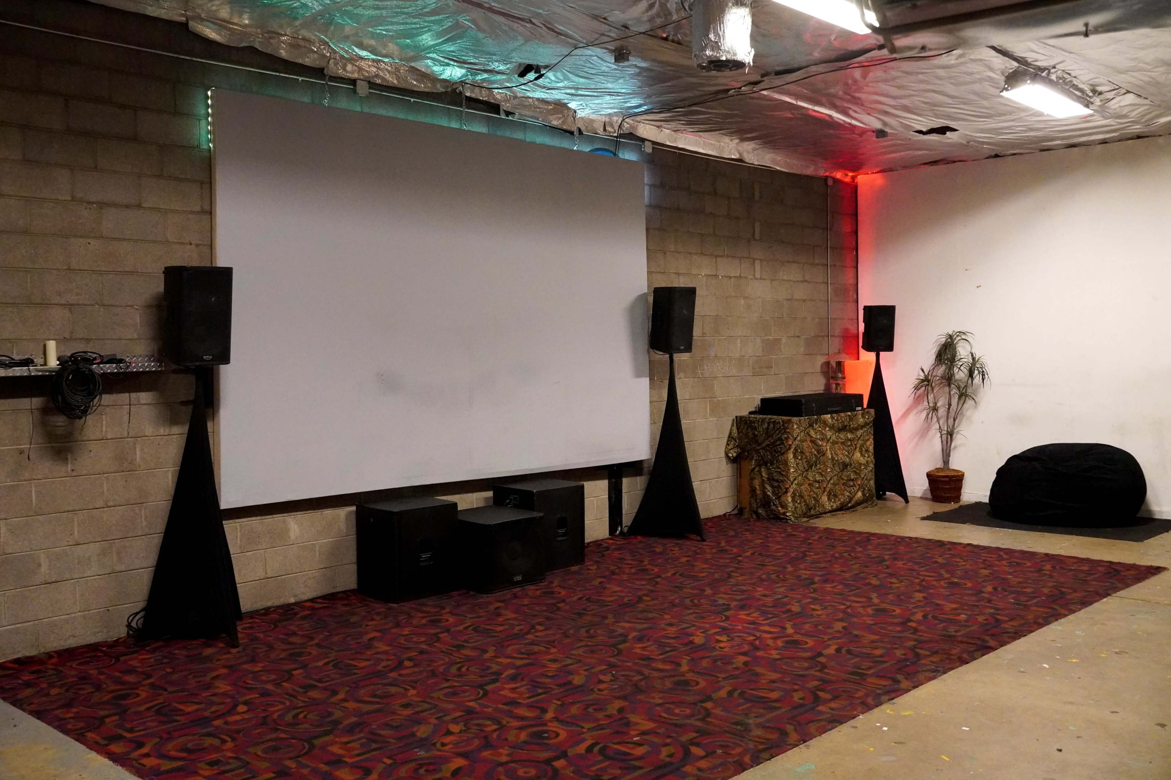 The scene shows an empty room with a large projection screen, two tall speakers, and a patterned carpet, along with a small table and a potted plant in one corner.