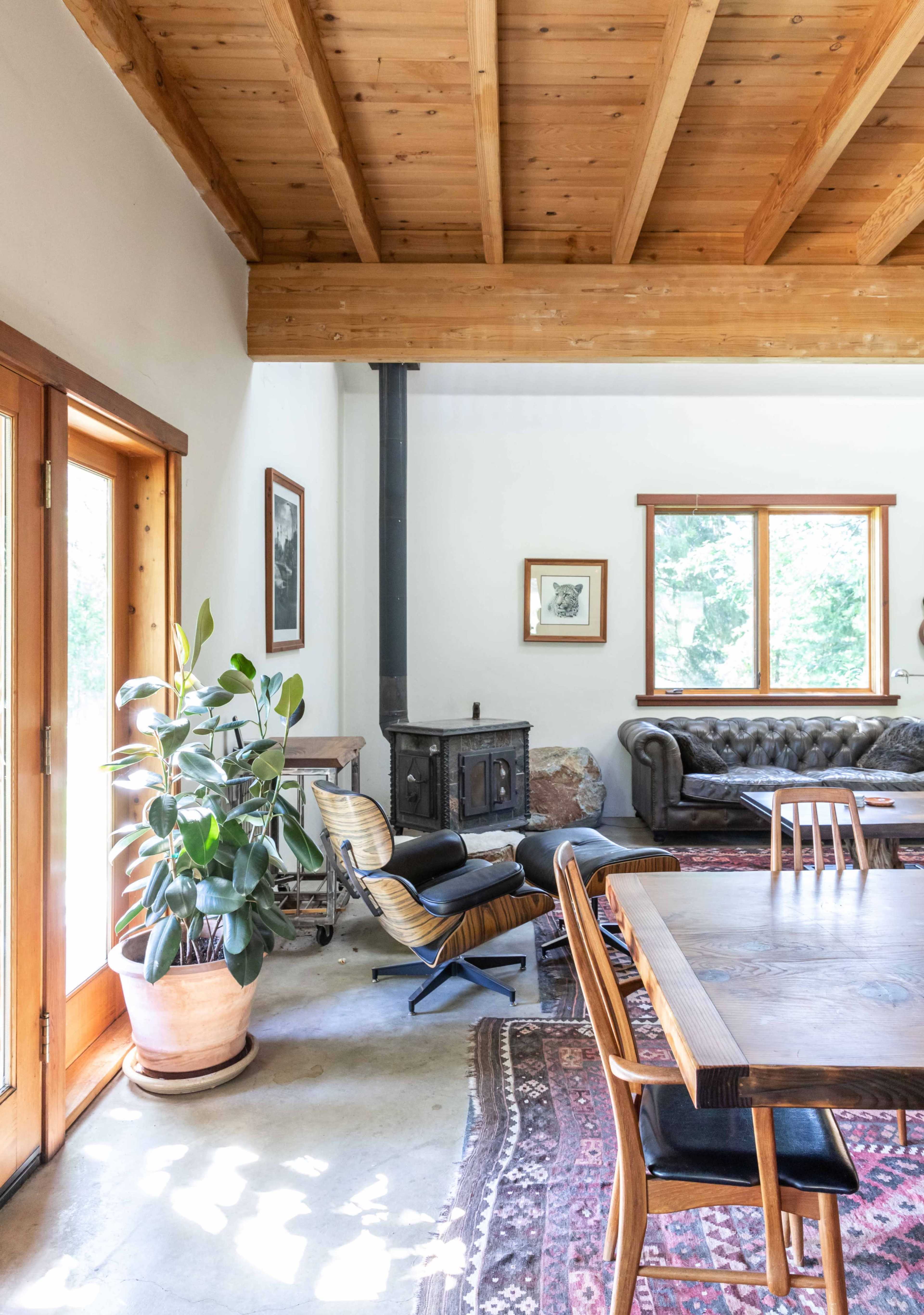 The image shows a living space with wooden beams, a dining table, a sofa, a wood stove, and a large potted plant by the window.