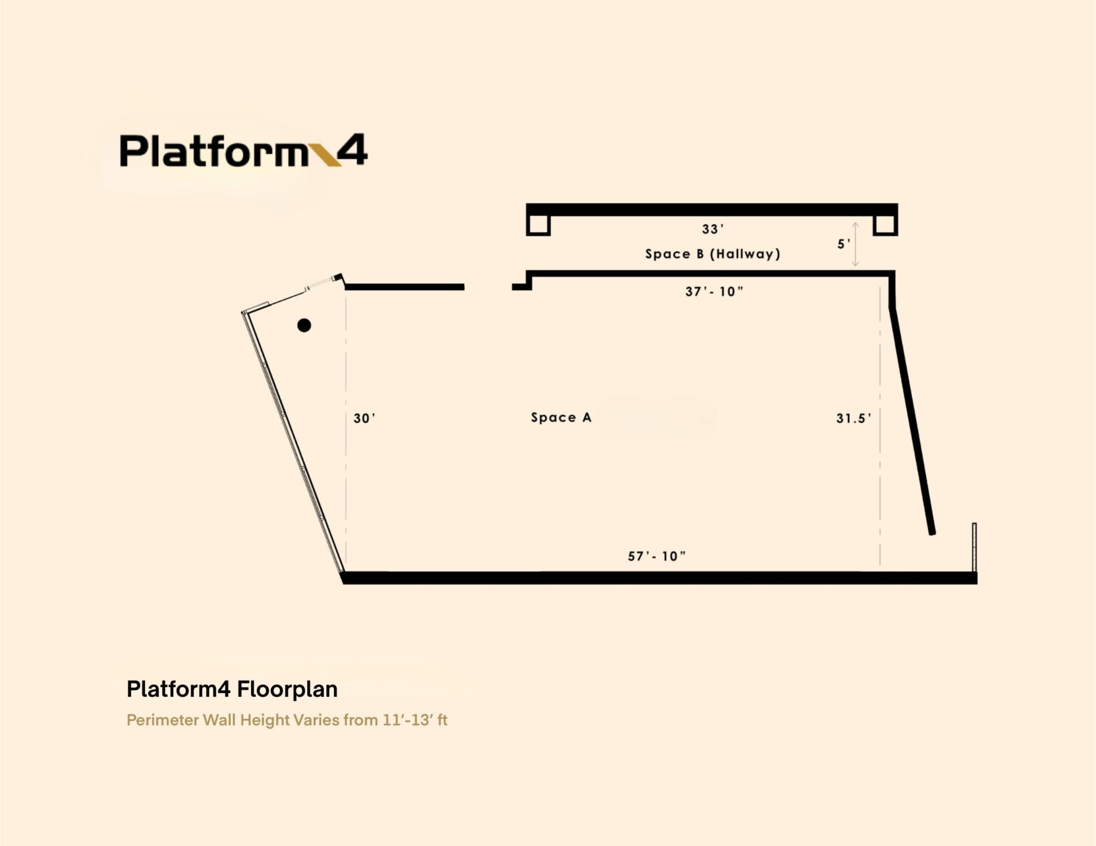 The image depicts a floor plan labeled "Platform4," featuring two designated spaces, Space A and Space B, along with a hallway measuring 5 feet wide, with overall dimensions provided.