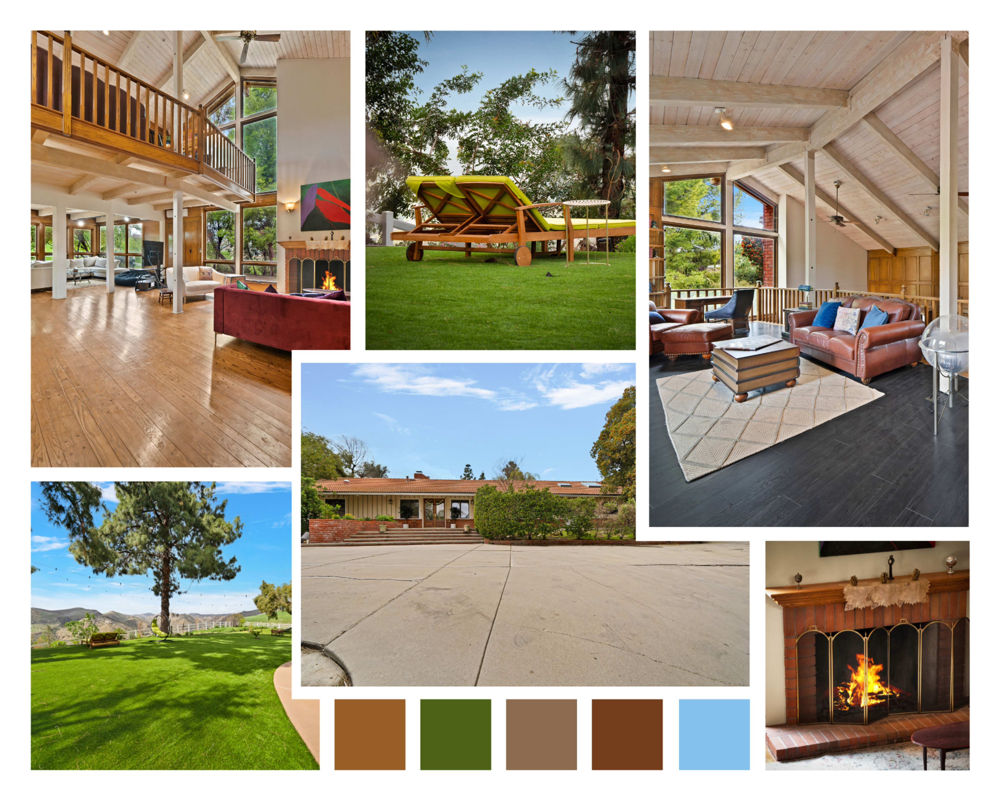 The image showcases various views of a modern house, including interior spaces, outdoor seating, and landscaping, arranged in a collage format.