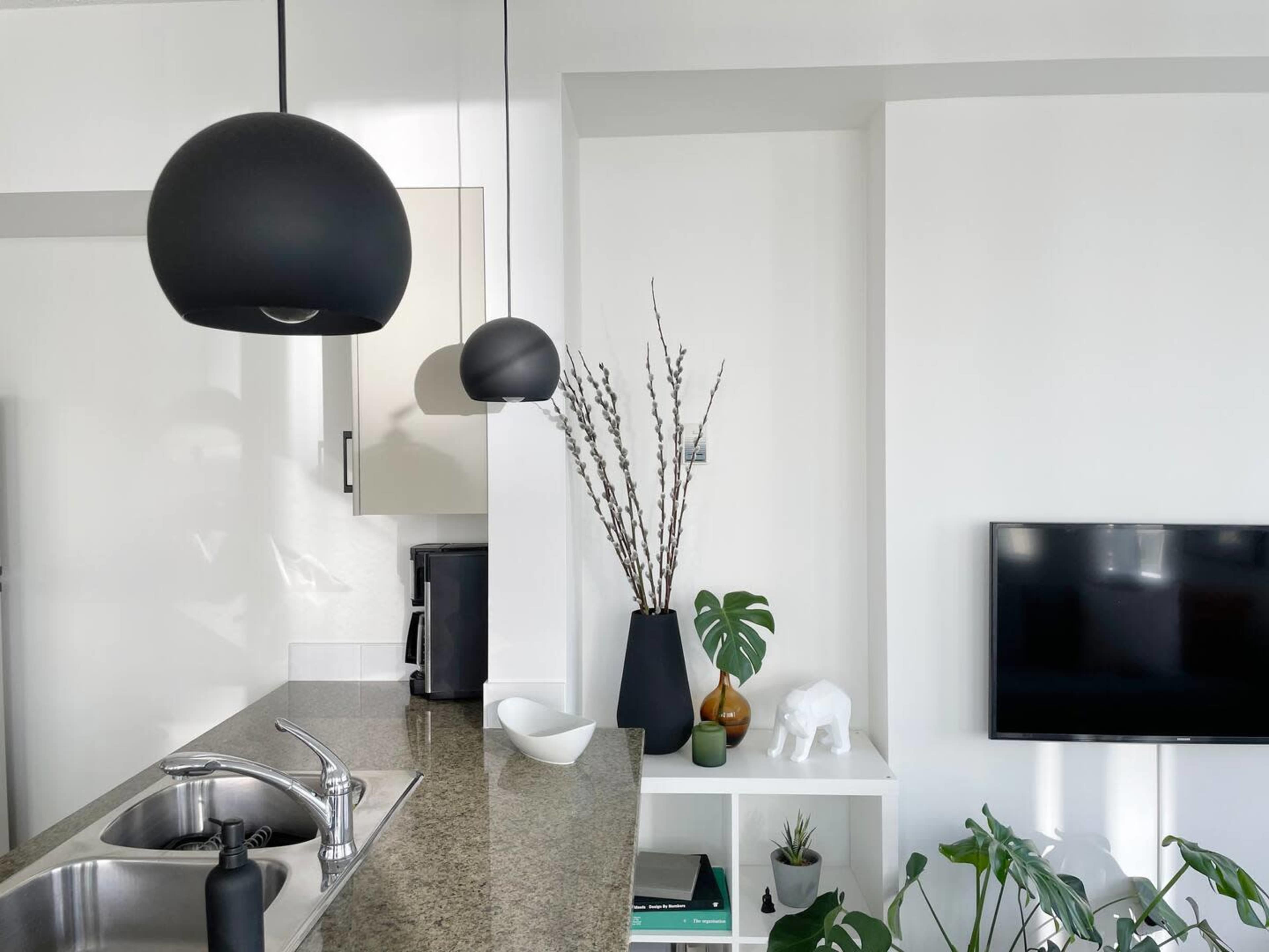 A modern kitchen features a granite countertop with a sink, black pendant lights, a coffee maker, a decorative vase with branches, and plants beside a television.