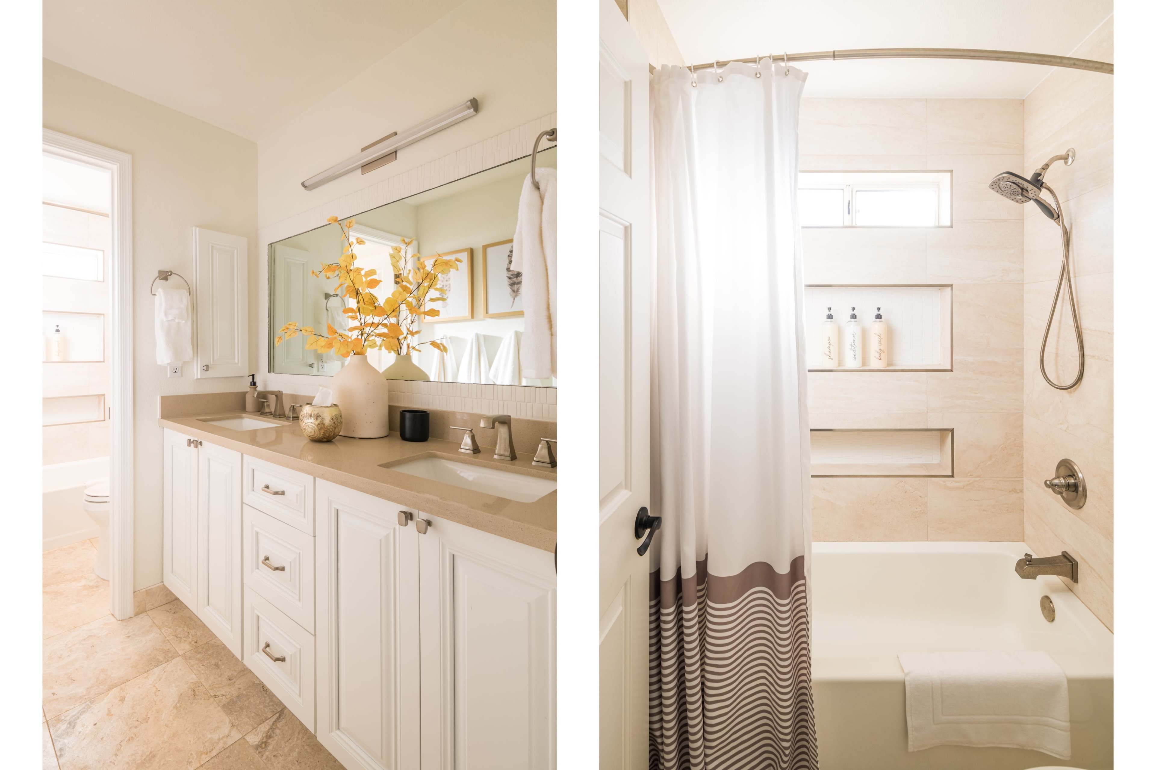 A modern bathroom with a dual sink vanity on the left and a shower-bathtub combination with built-in shelves on the right.