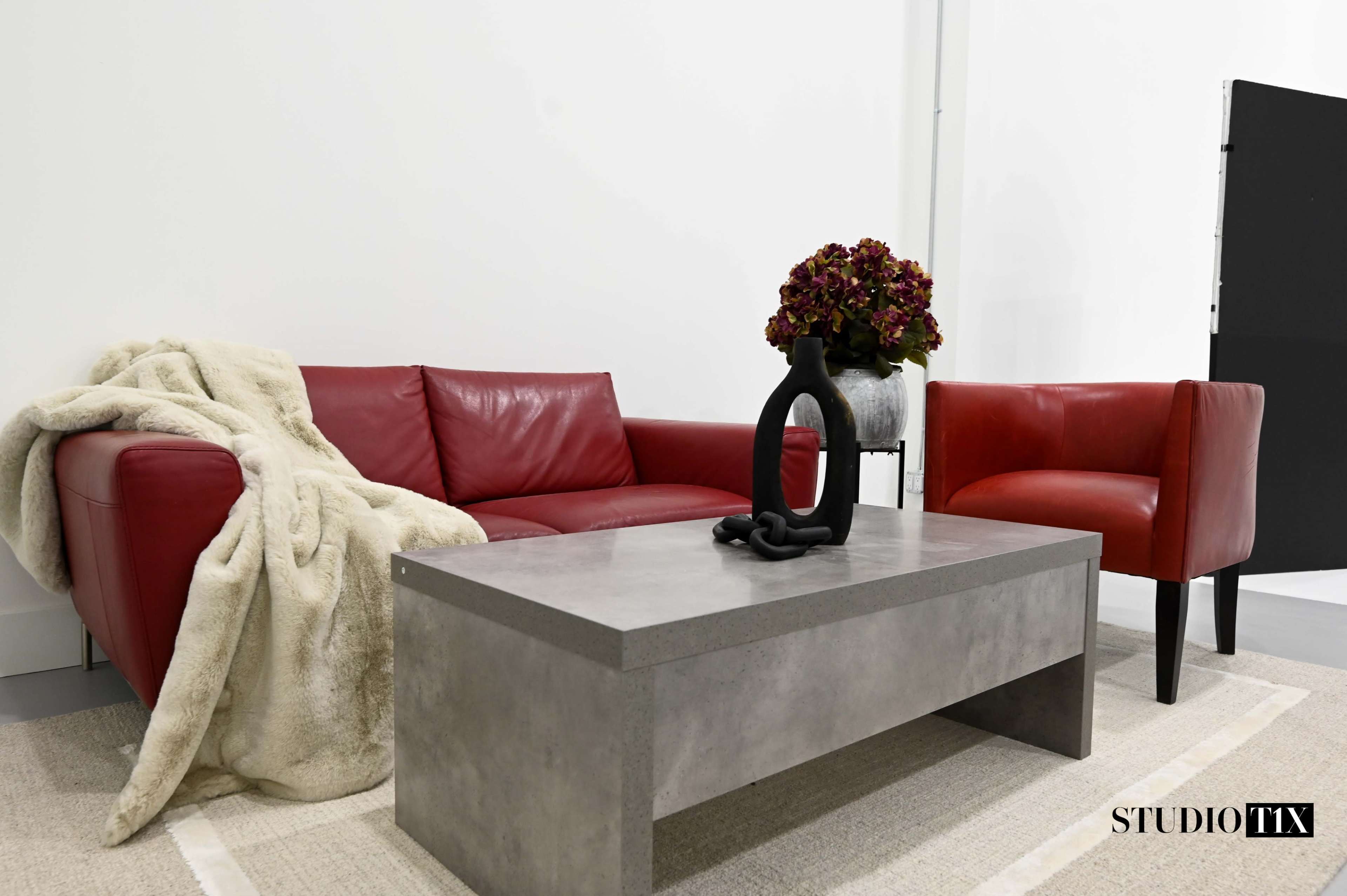 A modern living room features a red leather sofa and armchair, accompanied by a concrete coffee table and a vase of flowers.