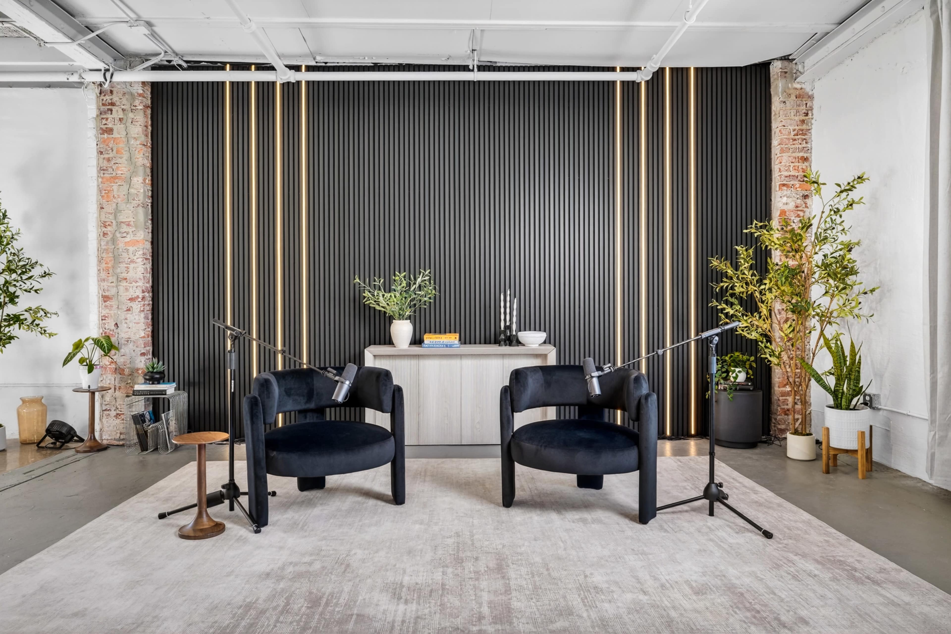 The image features two black armchairs with microphone stands positioned in front of a modern, textured wall with greenery and a styled countertop in the background.