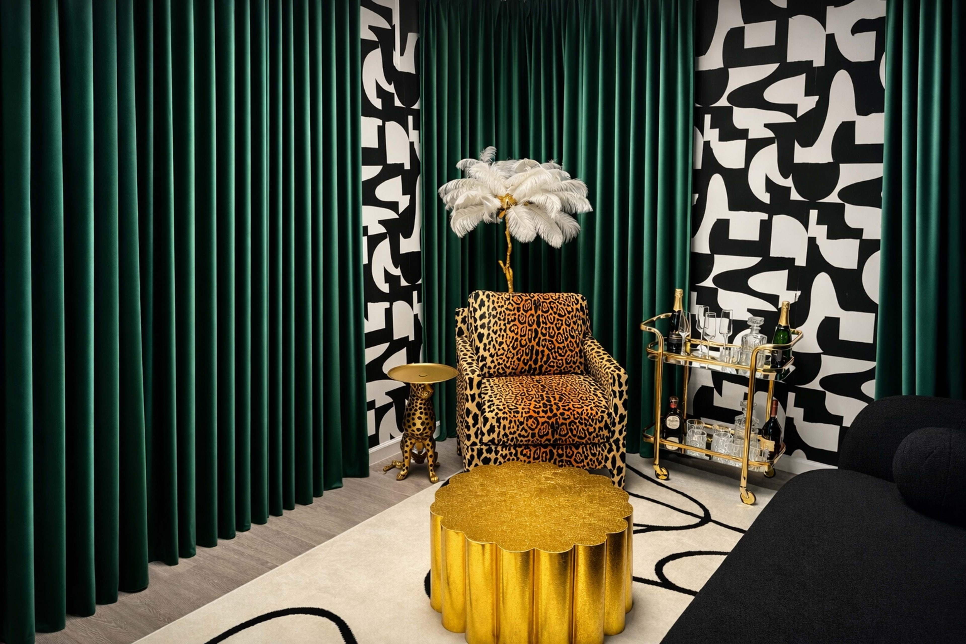 The image shows a stylish interior featuring a leopard print chair, a gold side table, and dark green curtains against a bold black and white patterned wall.