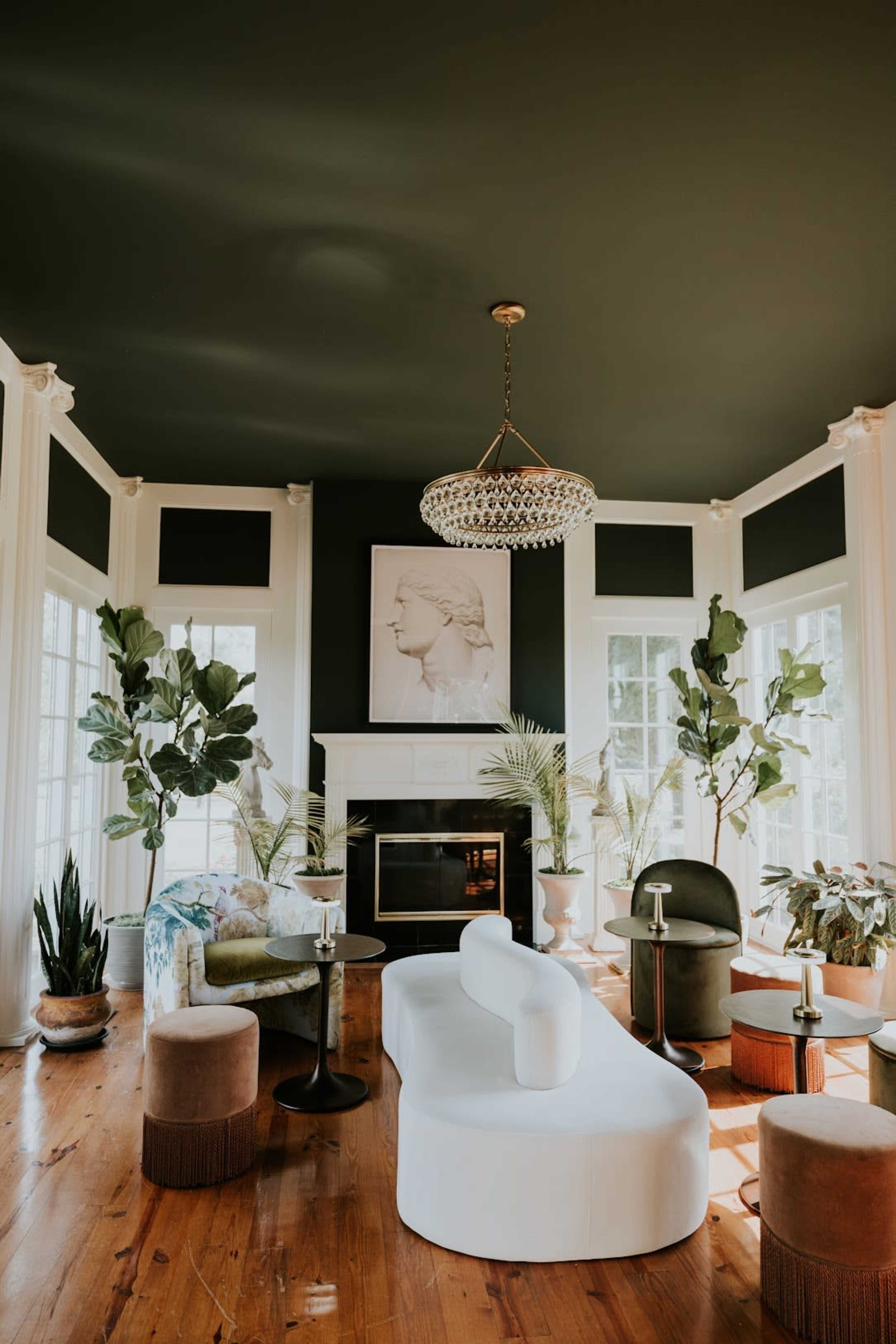 The image shows a modern living room with dark green walls, a large chandelier, a fireplace, and various plants arranged around contemporary furniture.