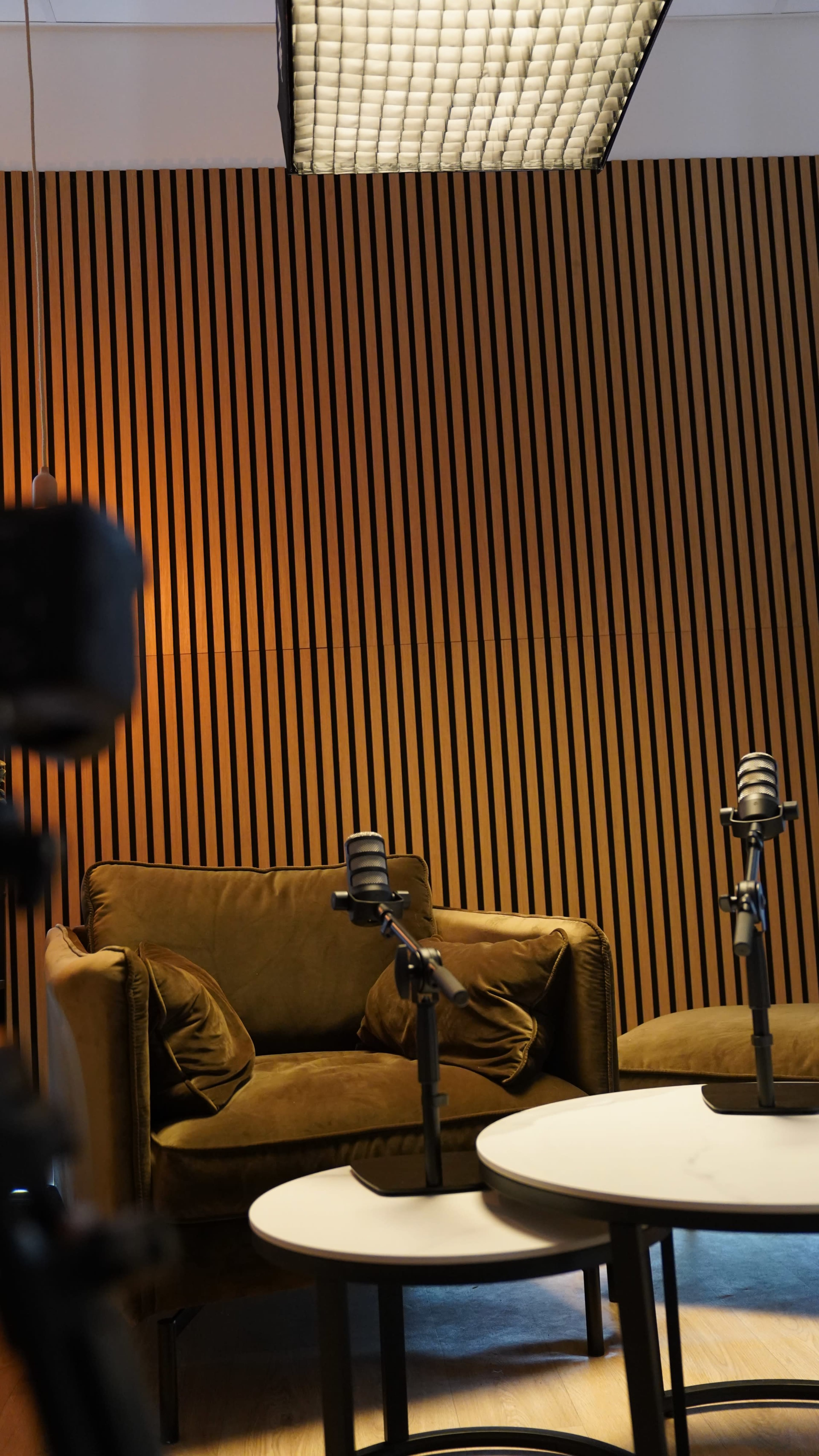 The image shows a podcast recording setup featuring a brown sofa and two microphones positioned on stands in front of a wooden paneled wall.