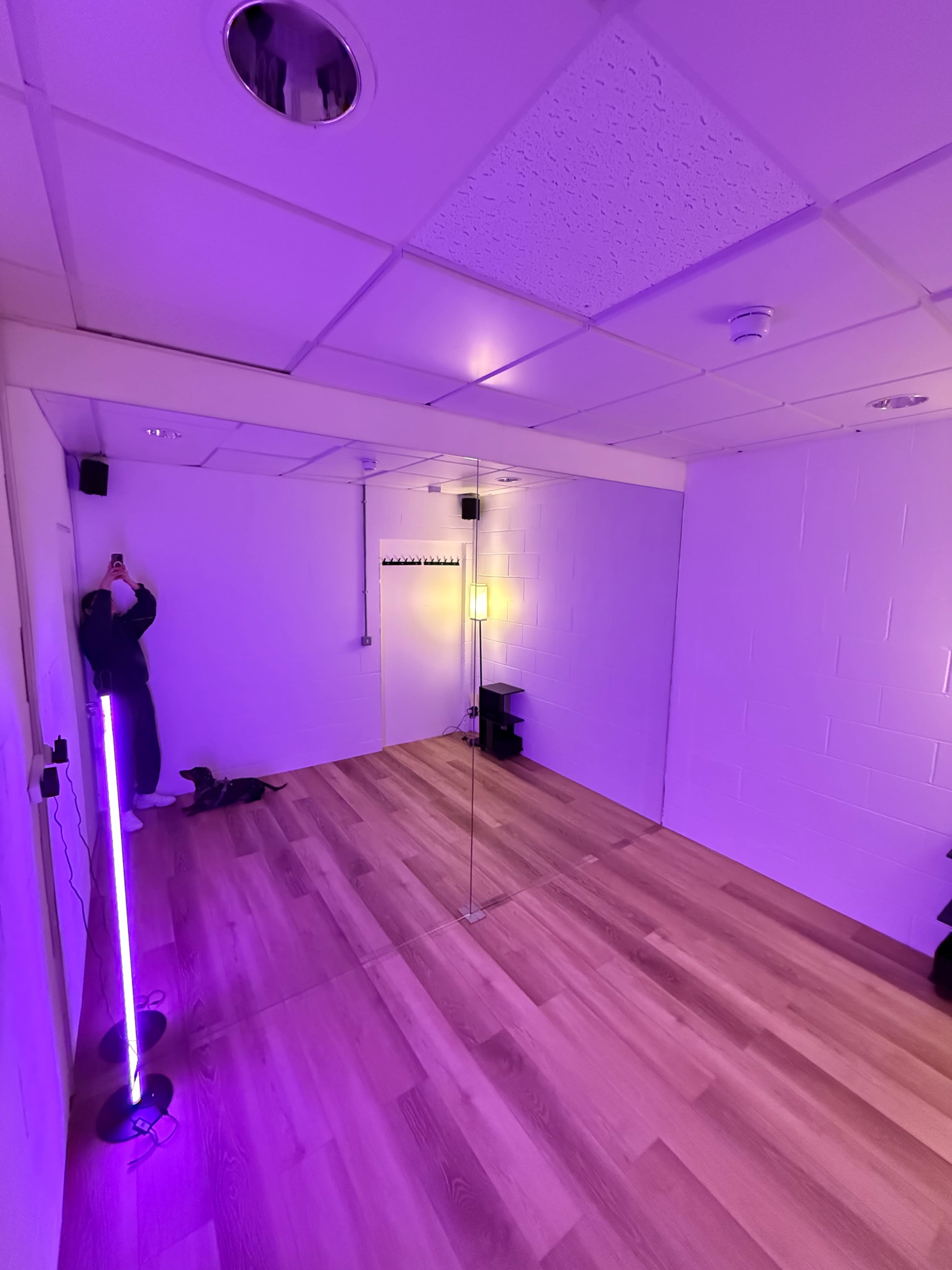 The image shows a sparsely furnished dance studio with a mirror, wooden flooring, and purple lighting.
