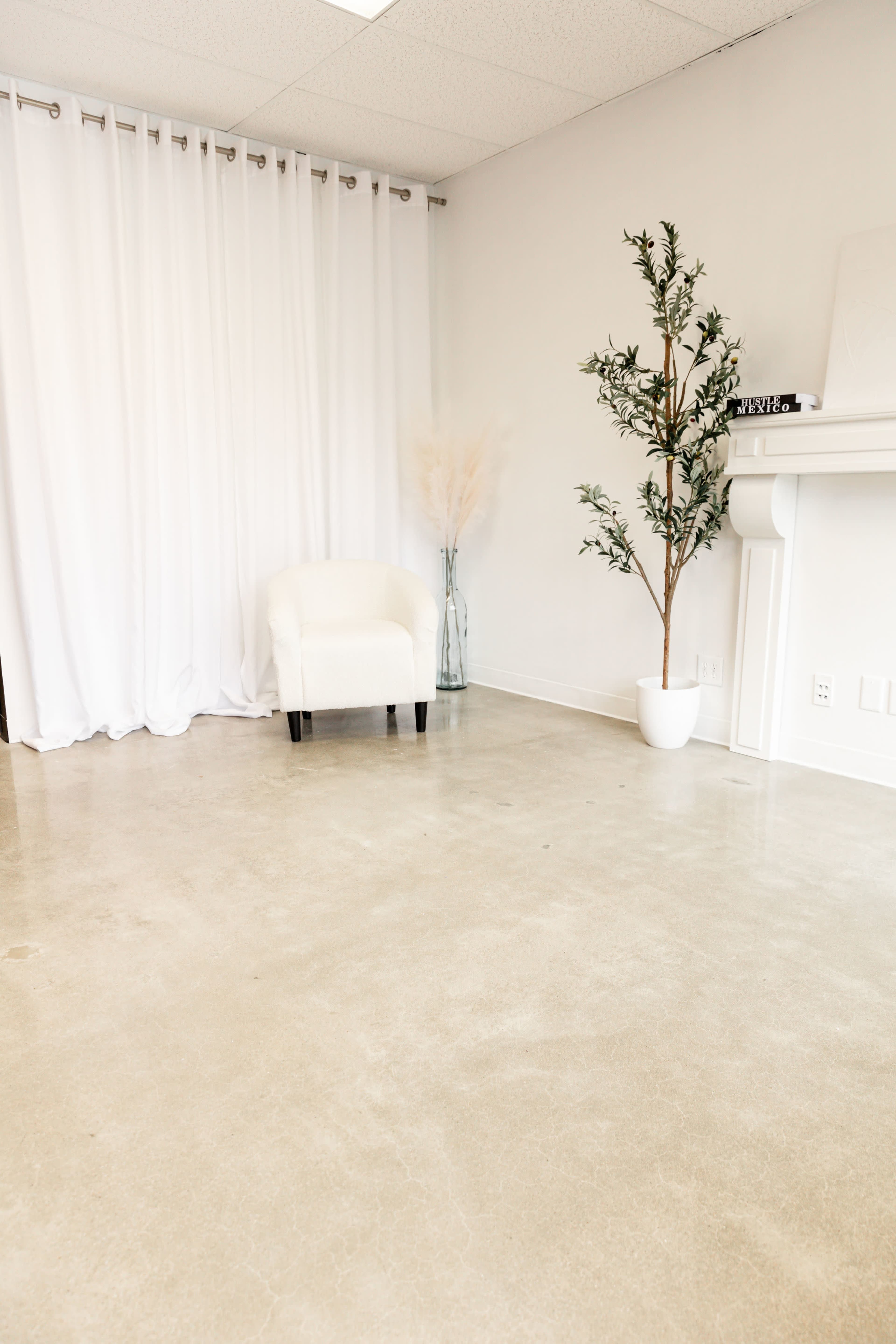A minimalist interior space featuring a white armchair, a potted plant, and a vase with dried pampas grass against a backdrop of white curtains.