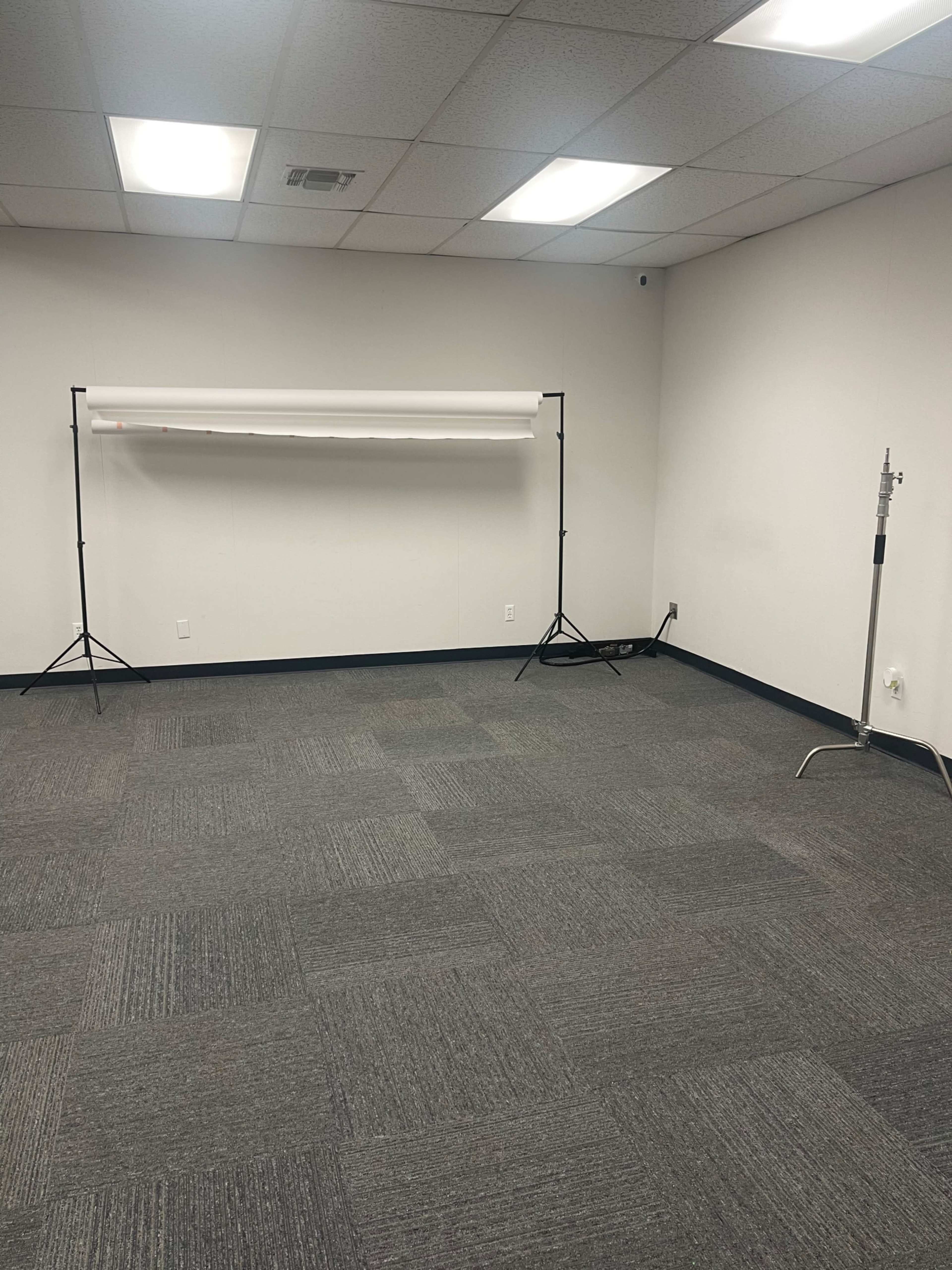 The image shows an empty room with a gray carpet, two light stands, and a white backdrop set up against the wall.