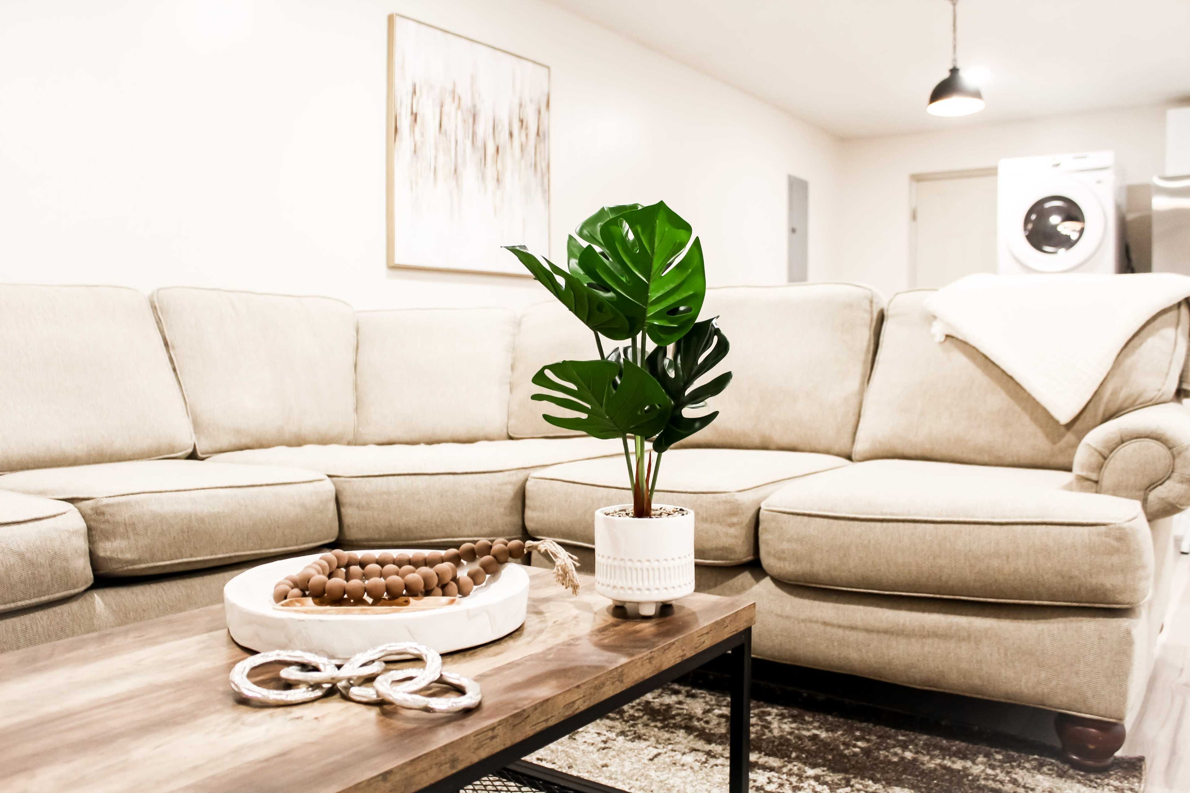 A spacious living room features a sectional sofa, a coffee table with decorative items, and a potted plant.