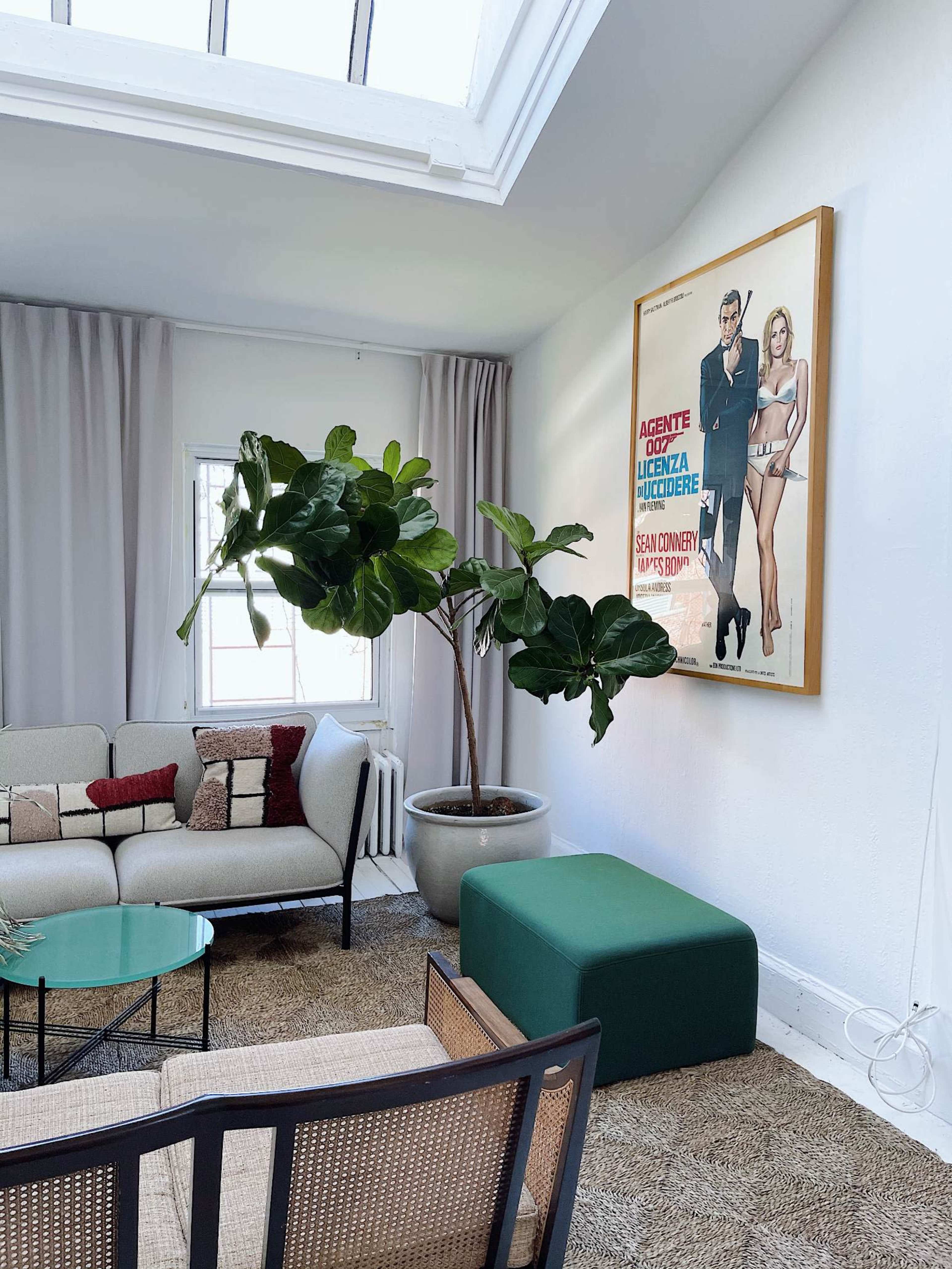 A modern living room featuring a large potted plant, a green ottoman, a sofa, and a framed movie poster hanging on the wall.