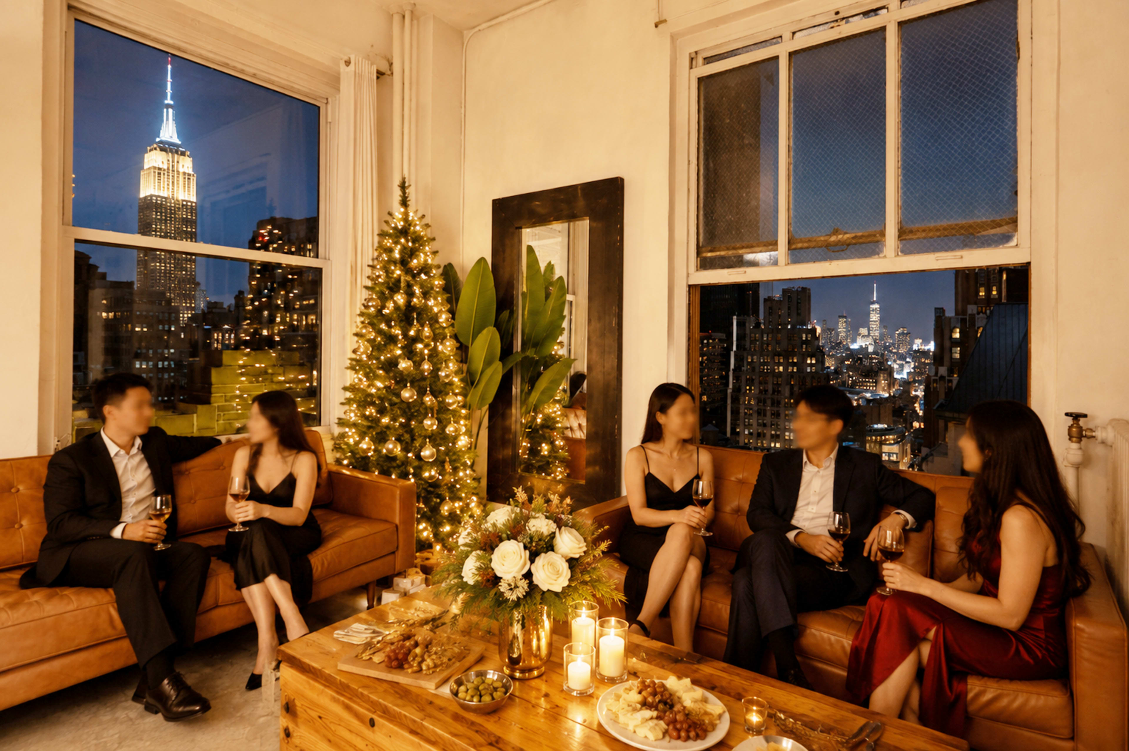 A group of five people is gathered in a cozy living room decorated for the holidays, with a view of the illuminated Empire State Building through the window.