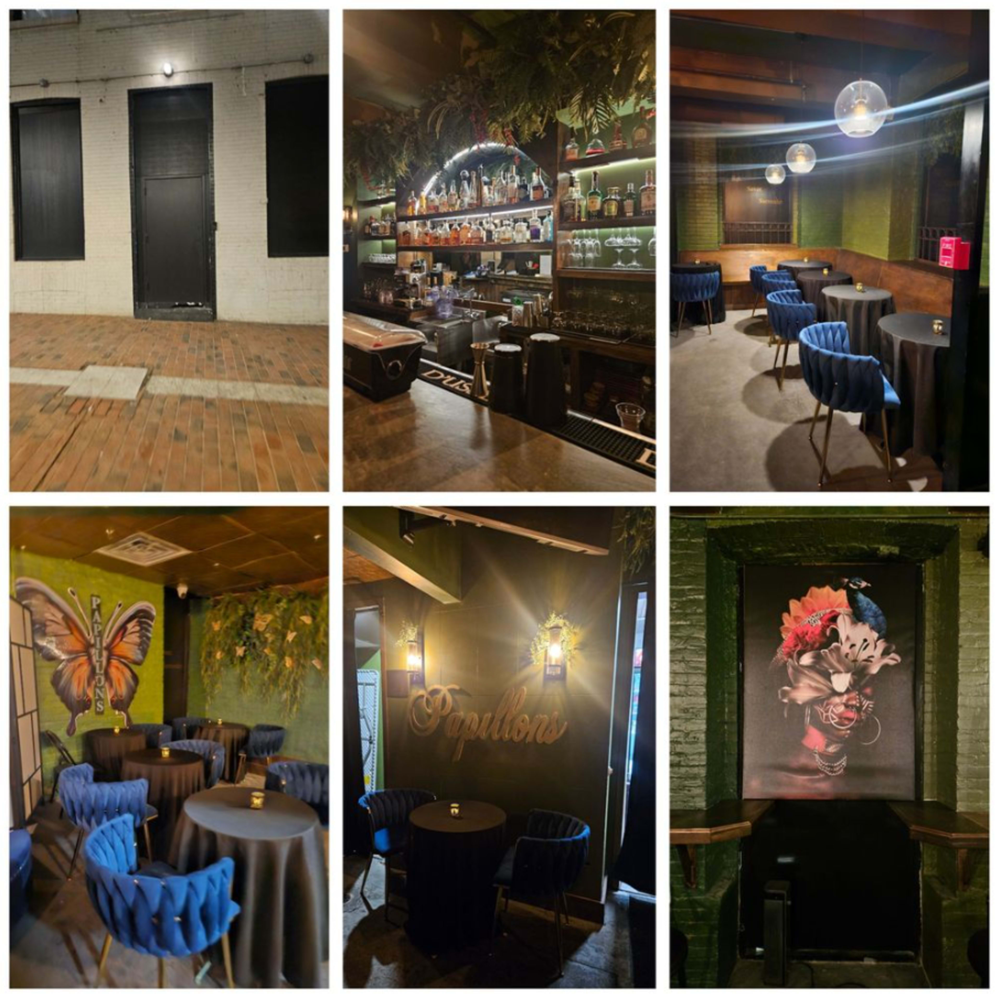 The image displays a series of interior shots from a bar or lounge, showcasing a mix of seating areas, a well-stocked bar, and decorative elements like a butterfly mural.