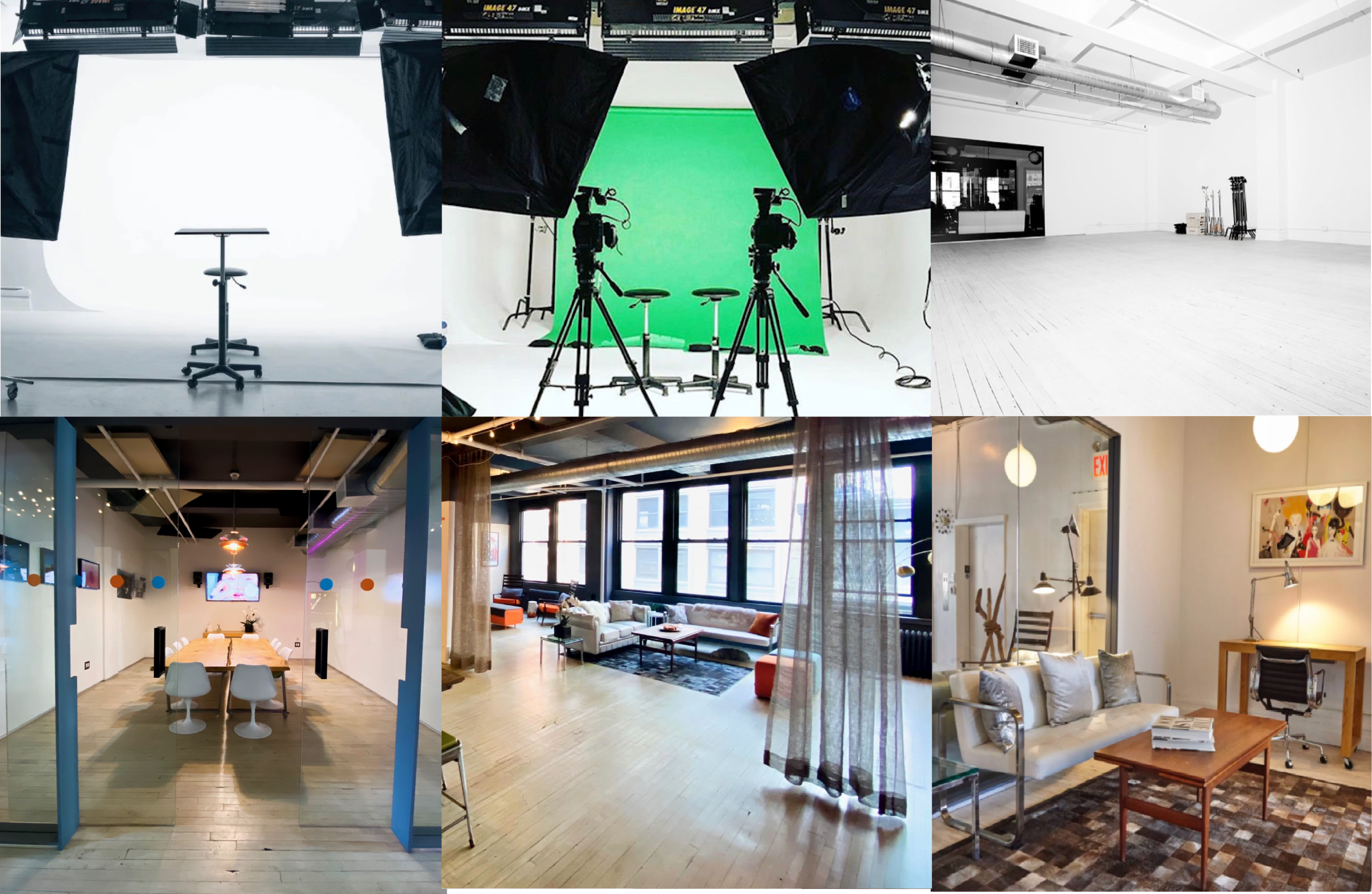 The image features a collage of various indoor spaces, including a studio with lighting equipment, a green screen setup, a meeting room, a modern lounge area, and a decorated living space.
