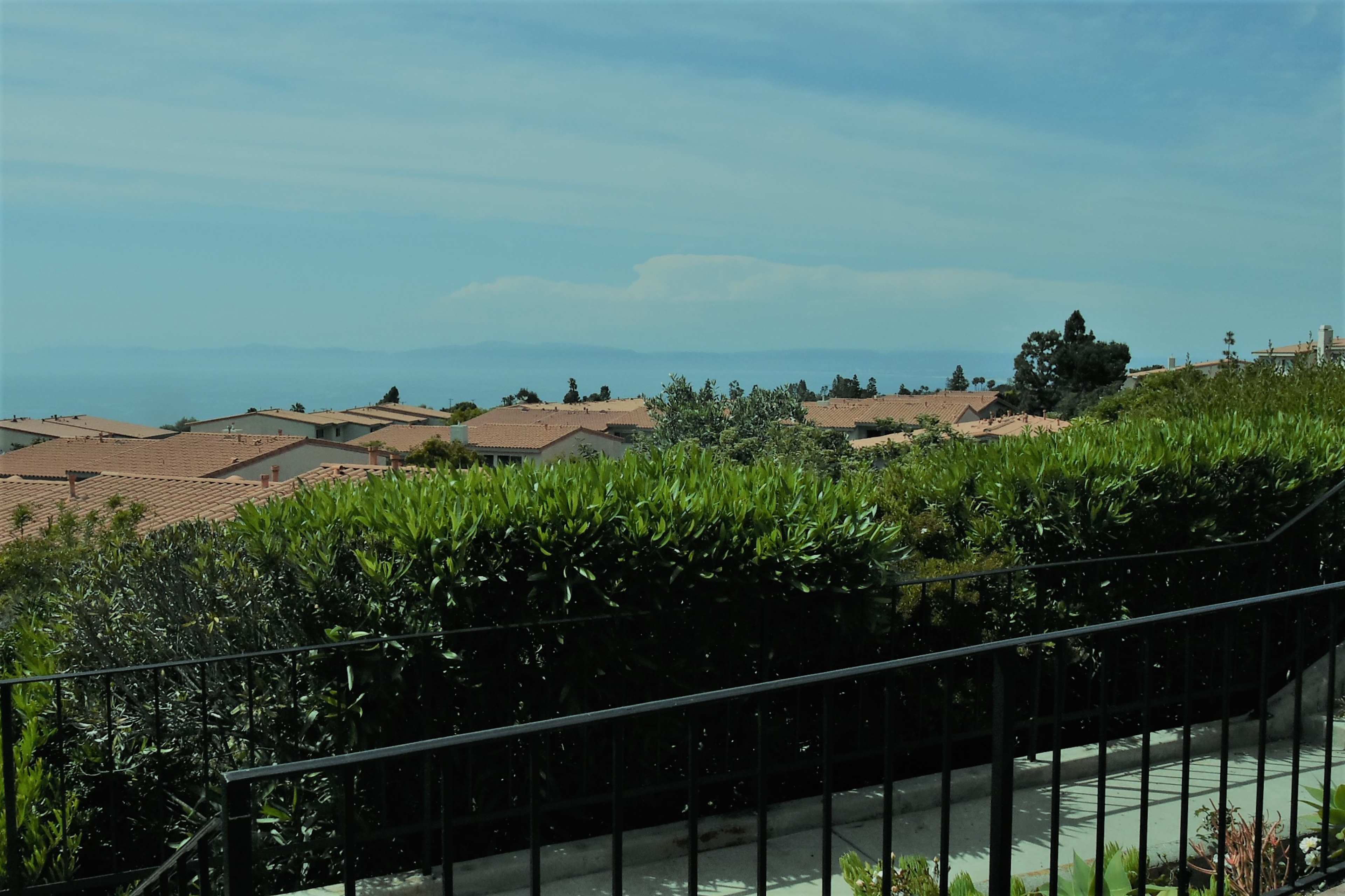 The image shows a view of suburban houses with red-tiled roofs surrounded by lush greenery and distant mountains under a clear sky.