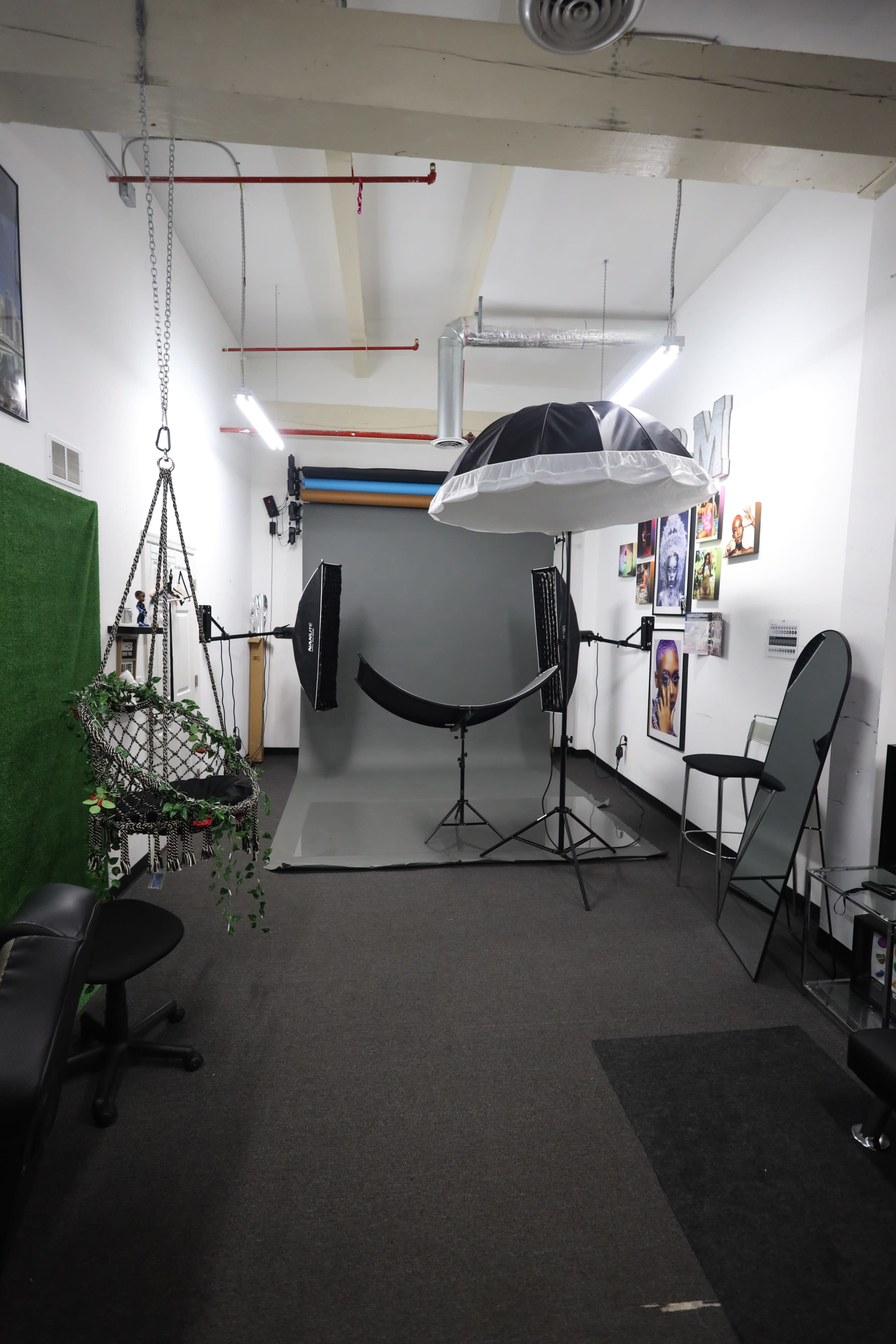 The image shows a photo studio setup with a gray backdrop, softbox lights, a hanging plant, and various props arranged around the space.