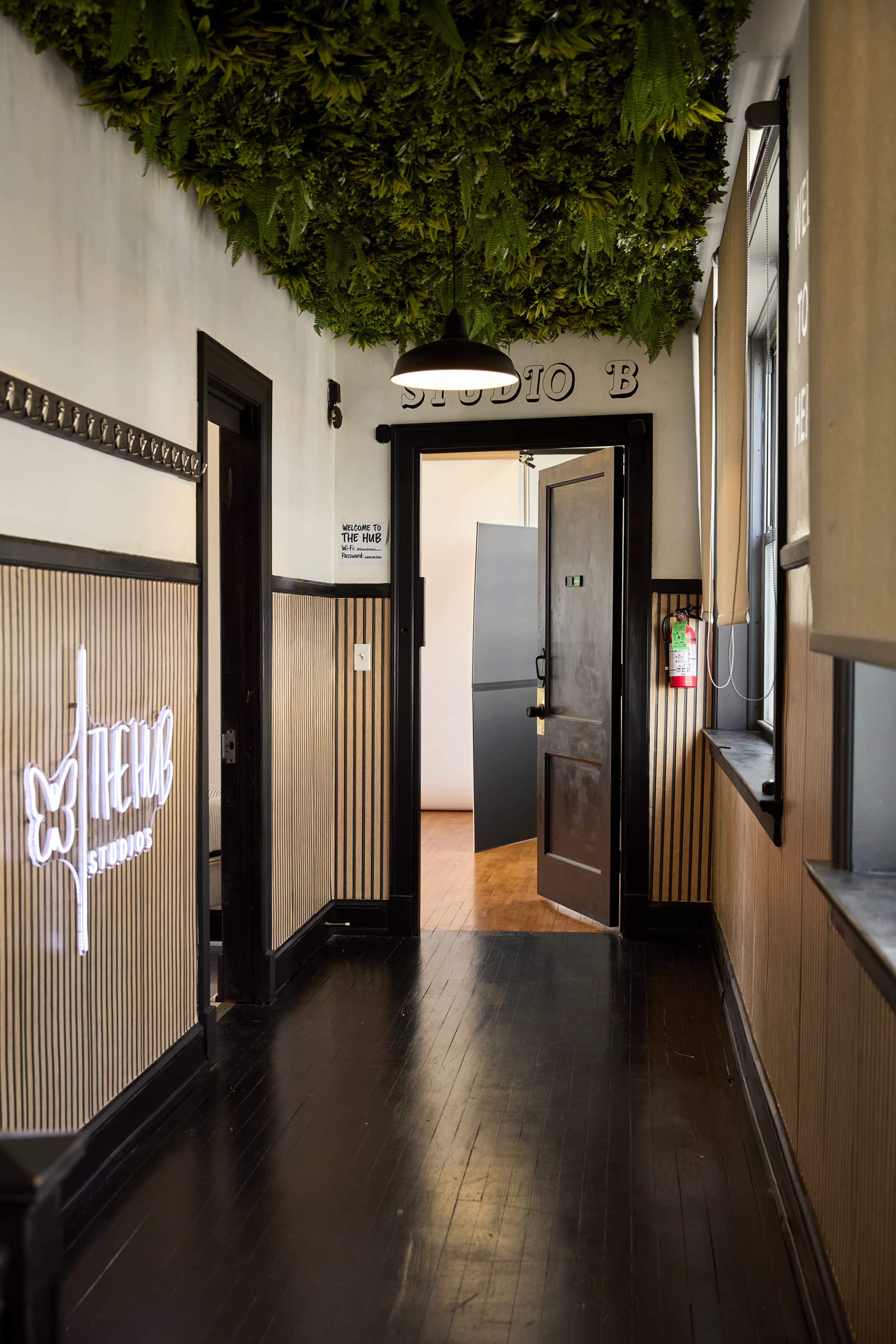 A hallway with dark wooden floors and walls, featuring lush greenery hanging from the ceiling and a door leading to another room at the end.
