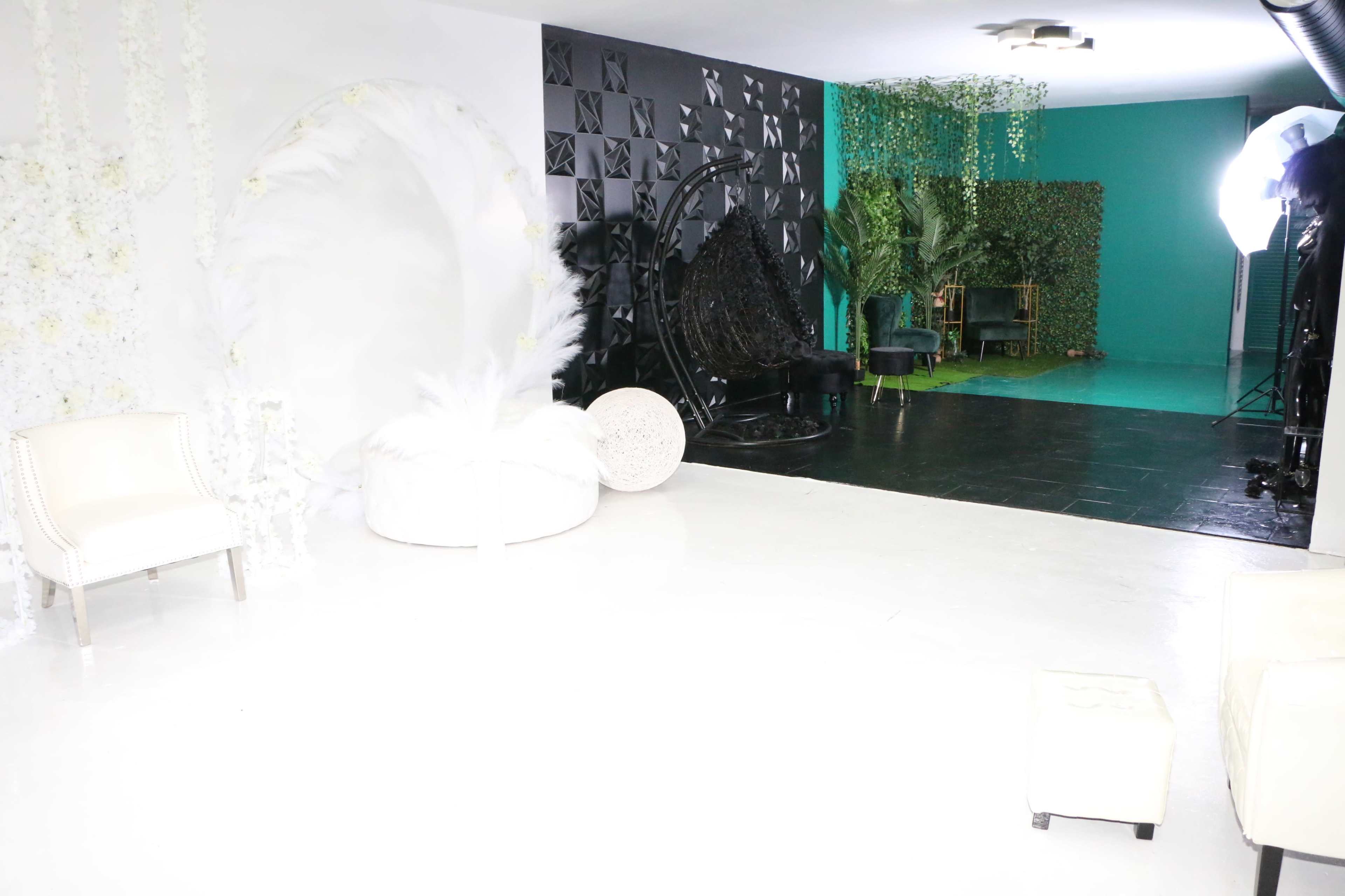 A spacious interior featuring a white section with minimalist furniture, a black textured wall, and a green area adorned with plants and decorative elements.