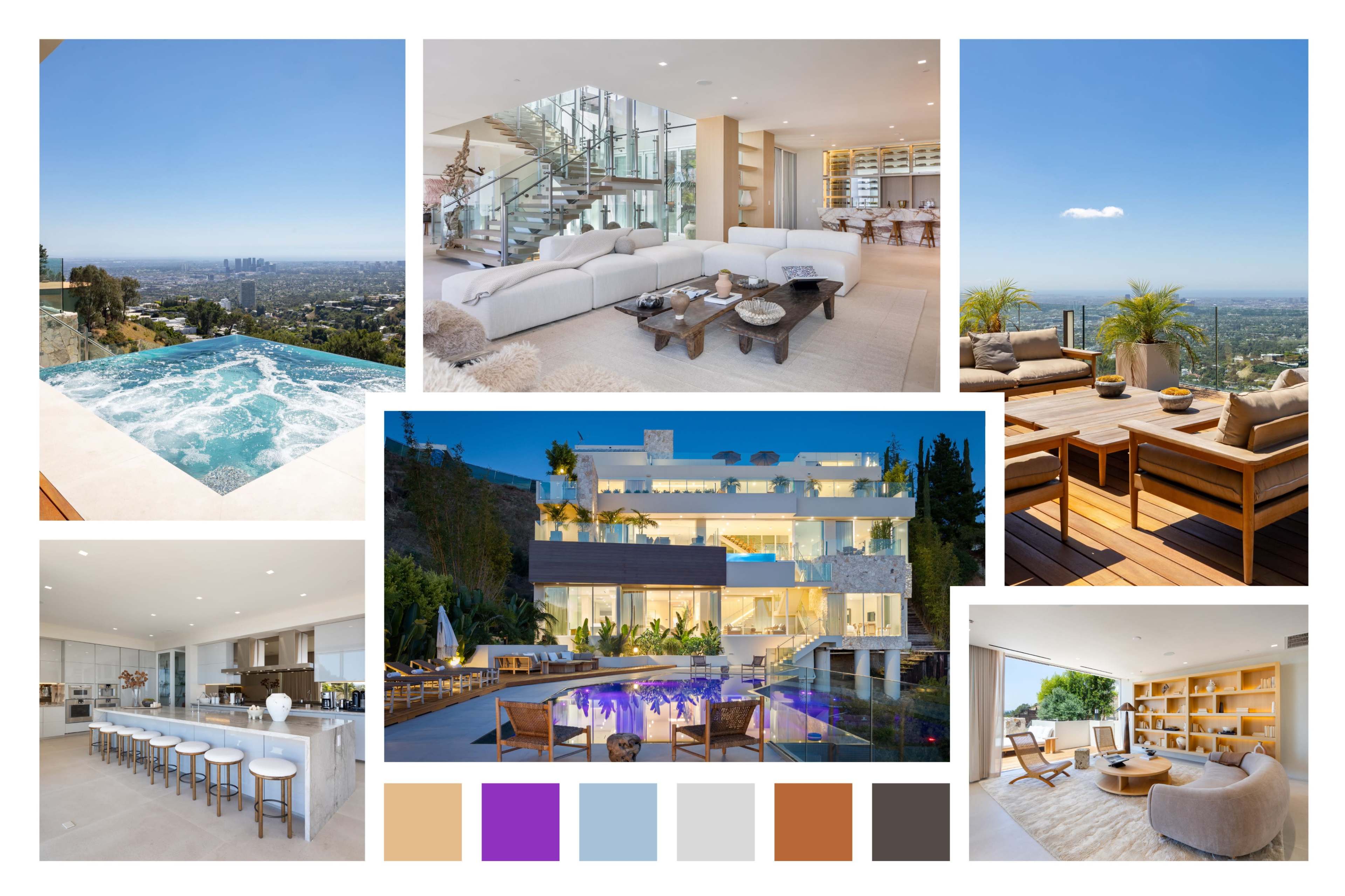 The image displays a montage of a modern, luxurious home featuring a hot tub, spacious living areas, a gourmet kitchen, and panoramic views of a city skyline.