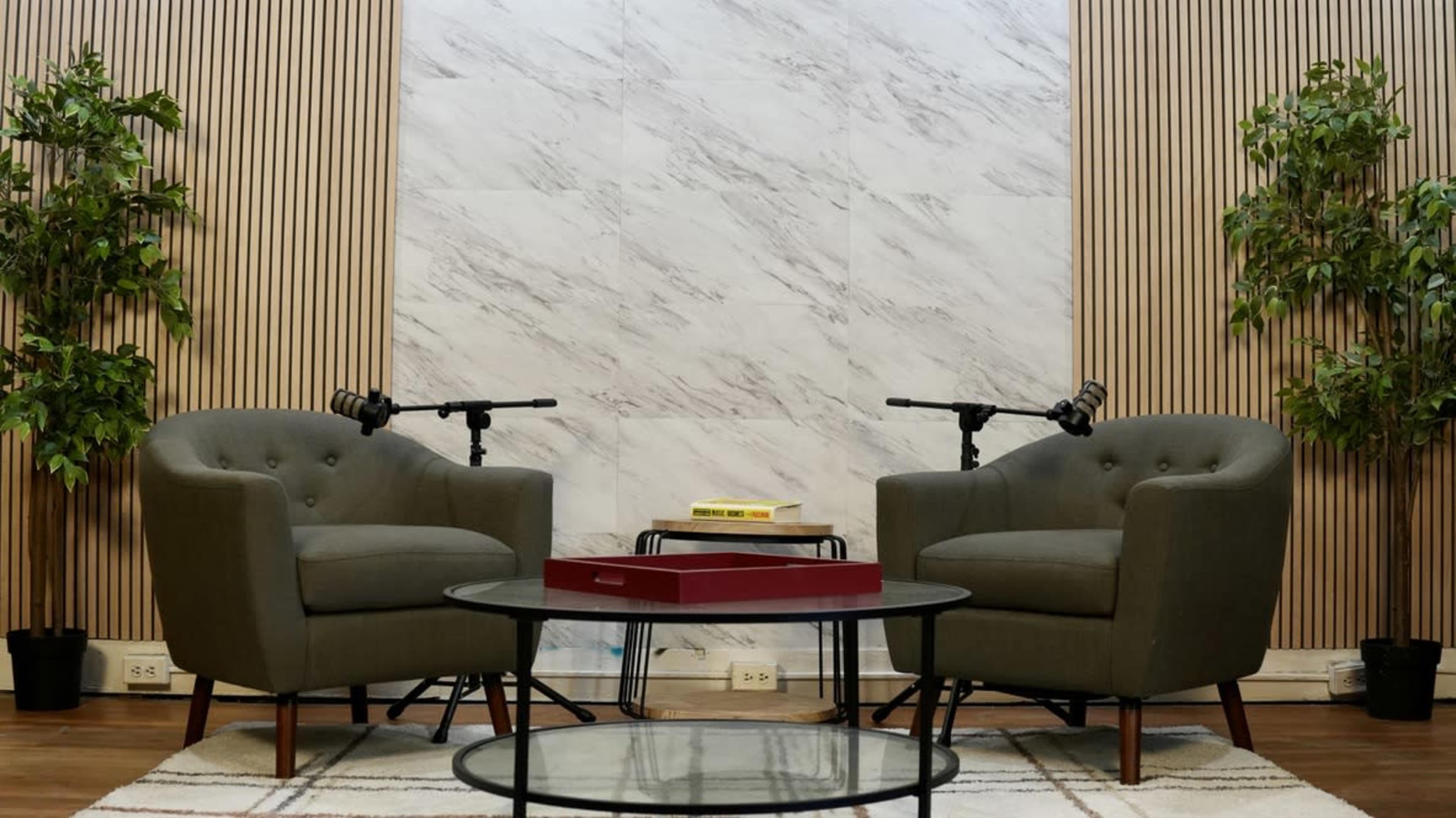 The image shows a cozy interview setup with two armchairs, a round glass coffee table, and a marble wall backdrop, featuring green plants on either side.