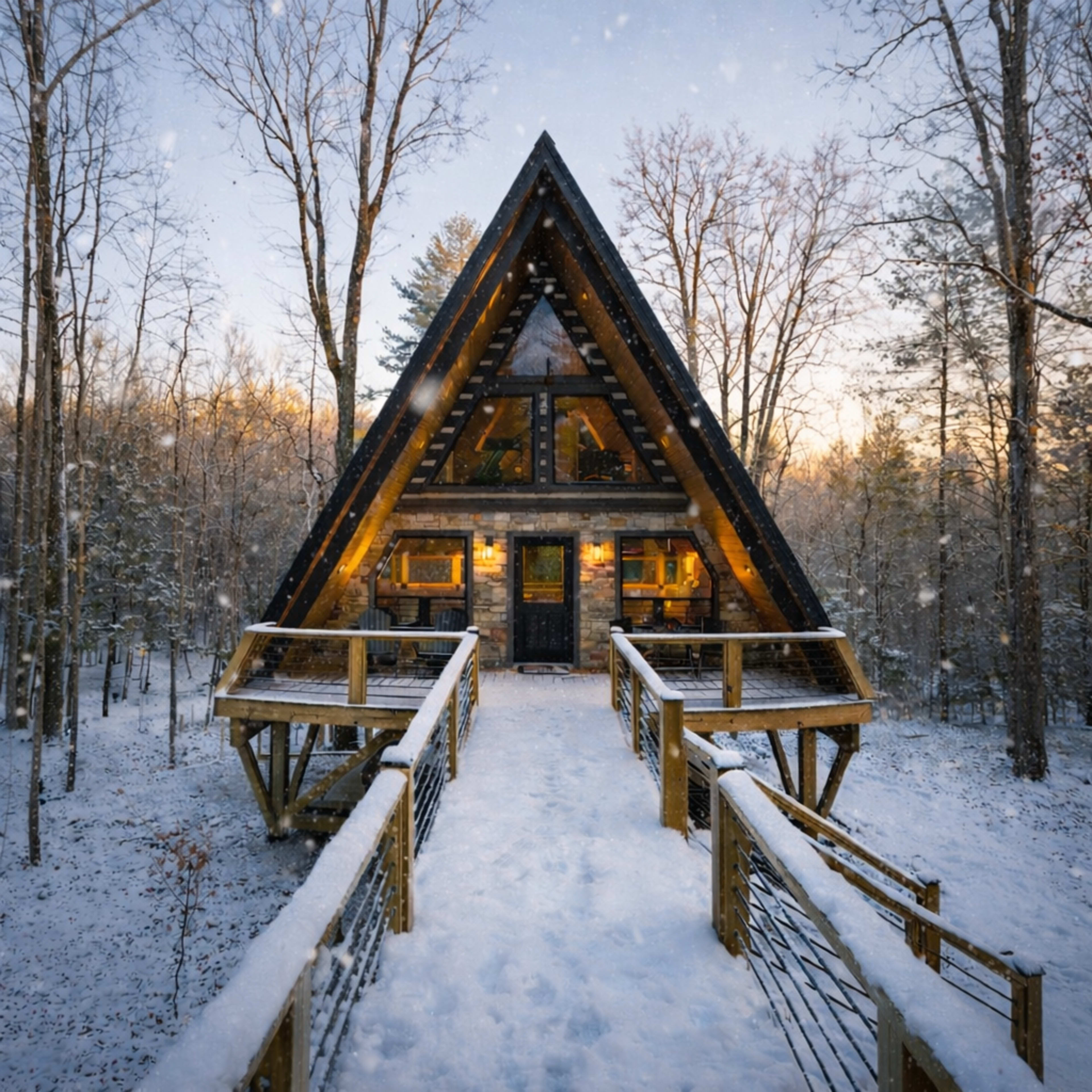 A snow-covered A-frame cabin stands in a wooded area, with a wooden walkway leading to its entrance.
