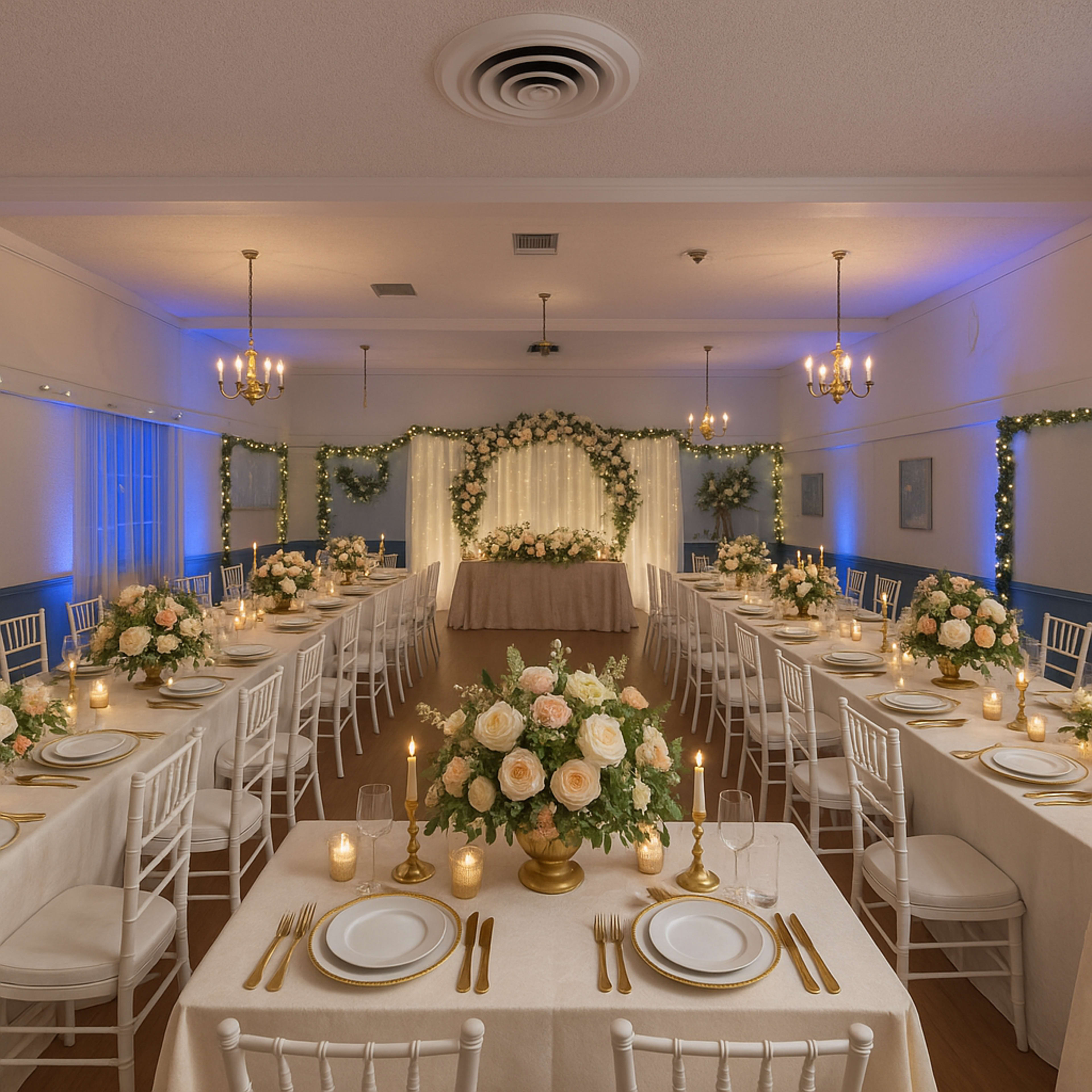 A banquet hall is elegantly arranged with tables featuring floral centerpieces and candles, illuminated by soft blue and warm yellow lighting.