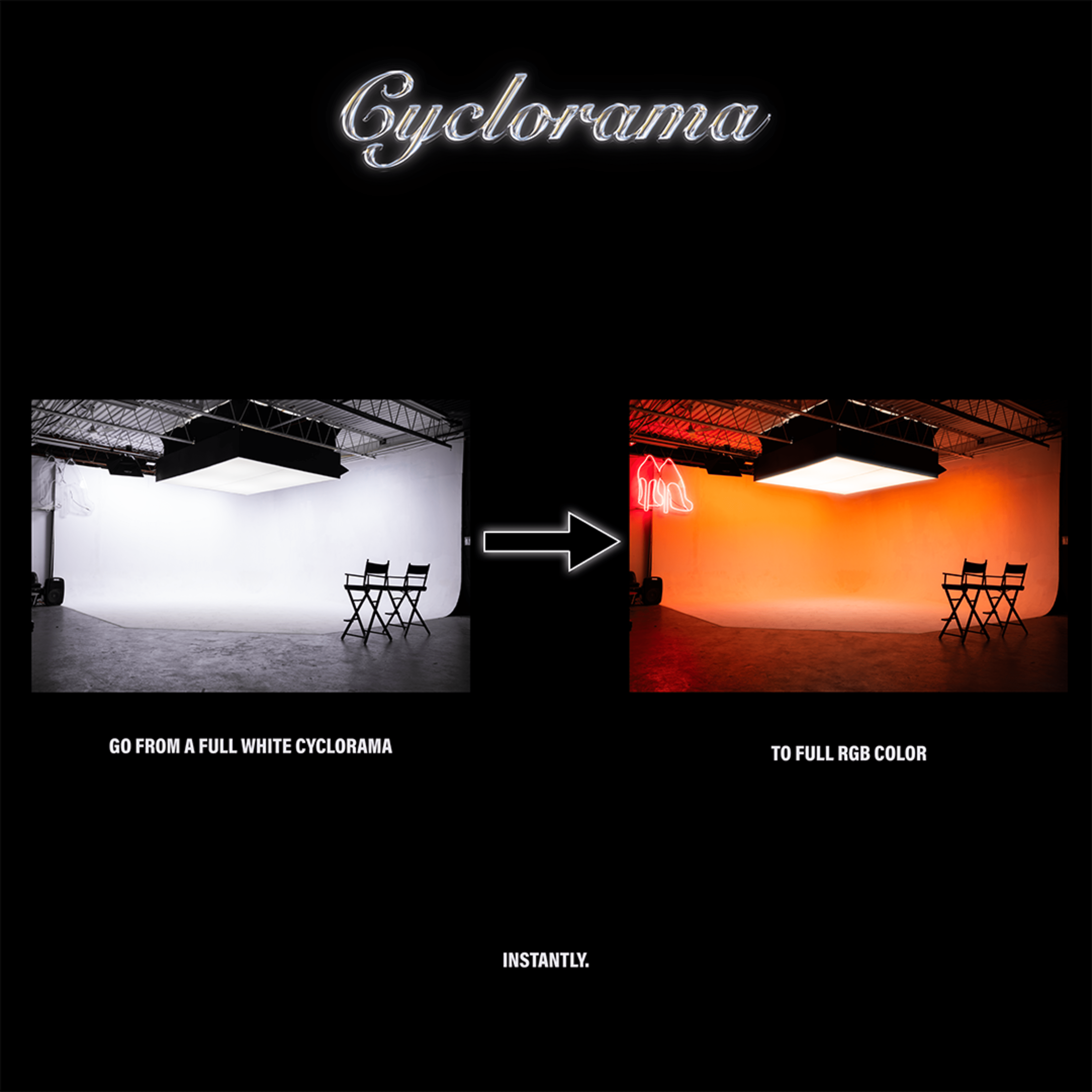 A cyclorama backdrop that transitions from a full white background on the left to a vibrant RGB color background on the right, with two empty chairs positioned in front.