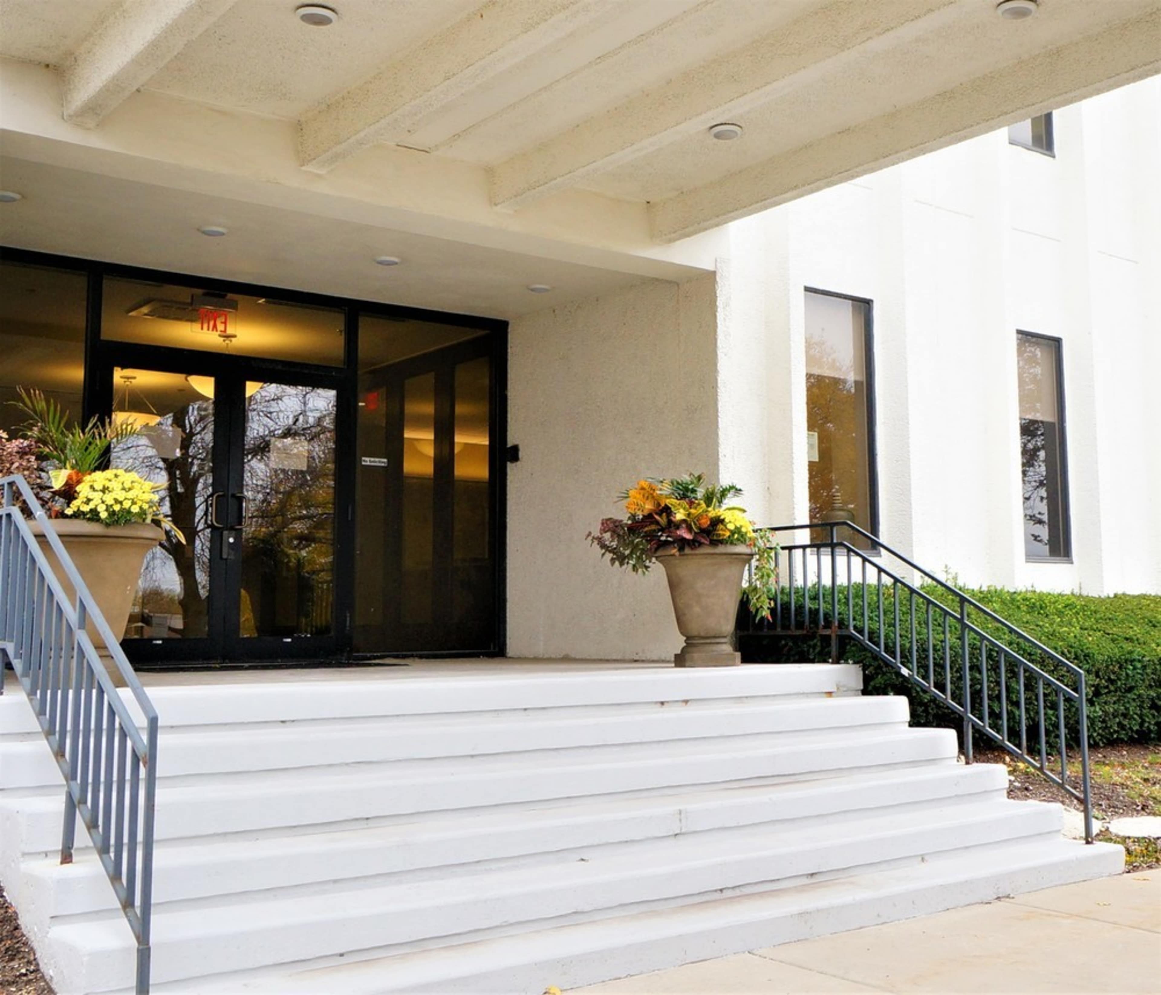 The image shows a set of white stairs leading up to a glass entrance with potted plants on either side.