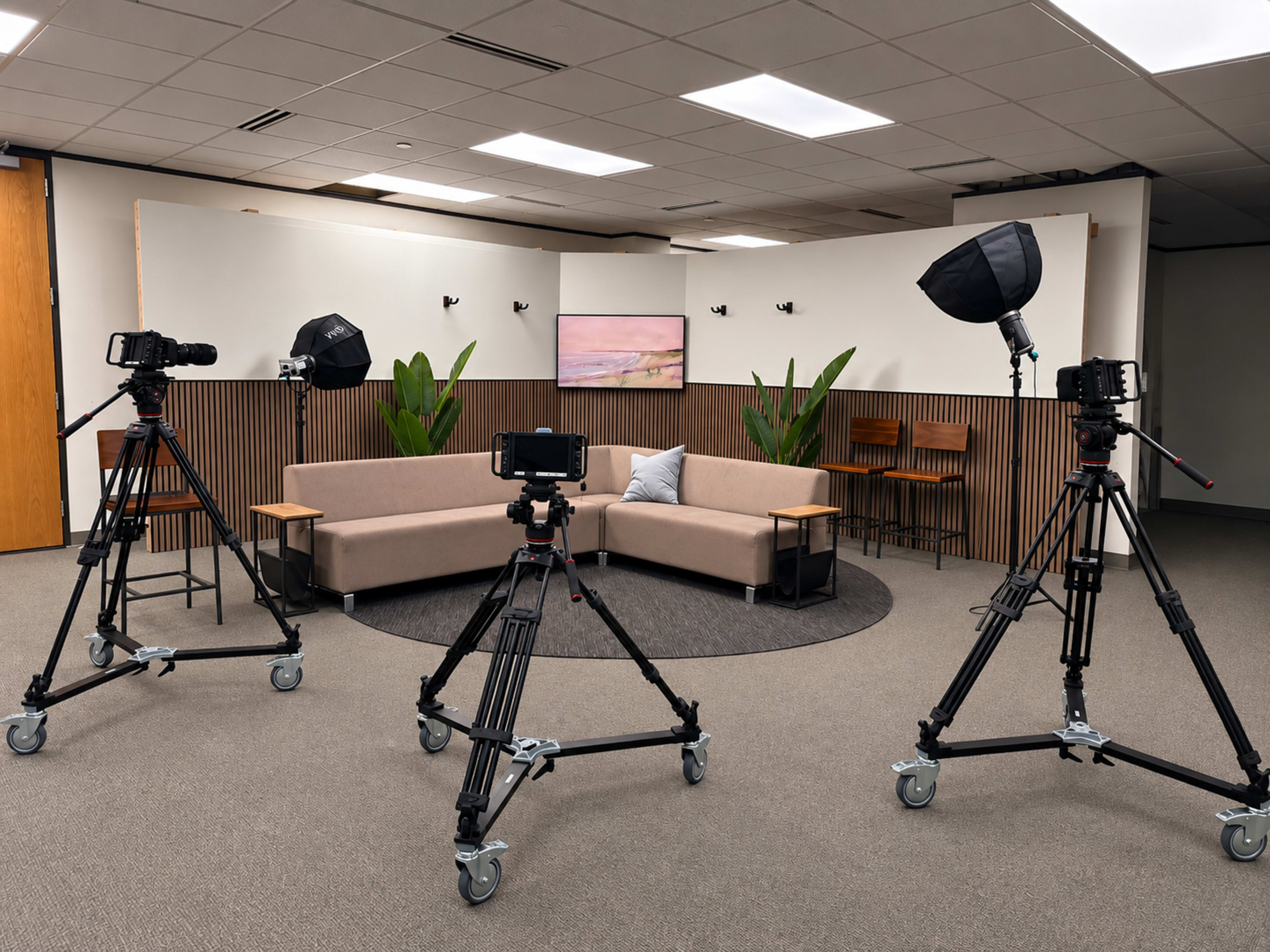 The image shows a photography setup featuring three tripods with cameras and lighting equipment directed toward a small, modern seating area surrounded by plants.