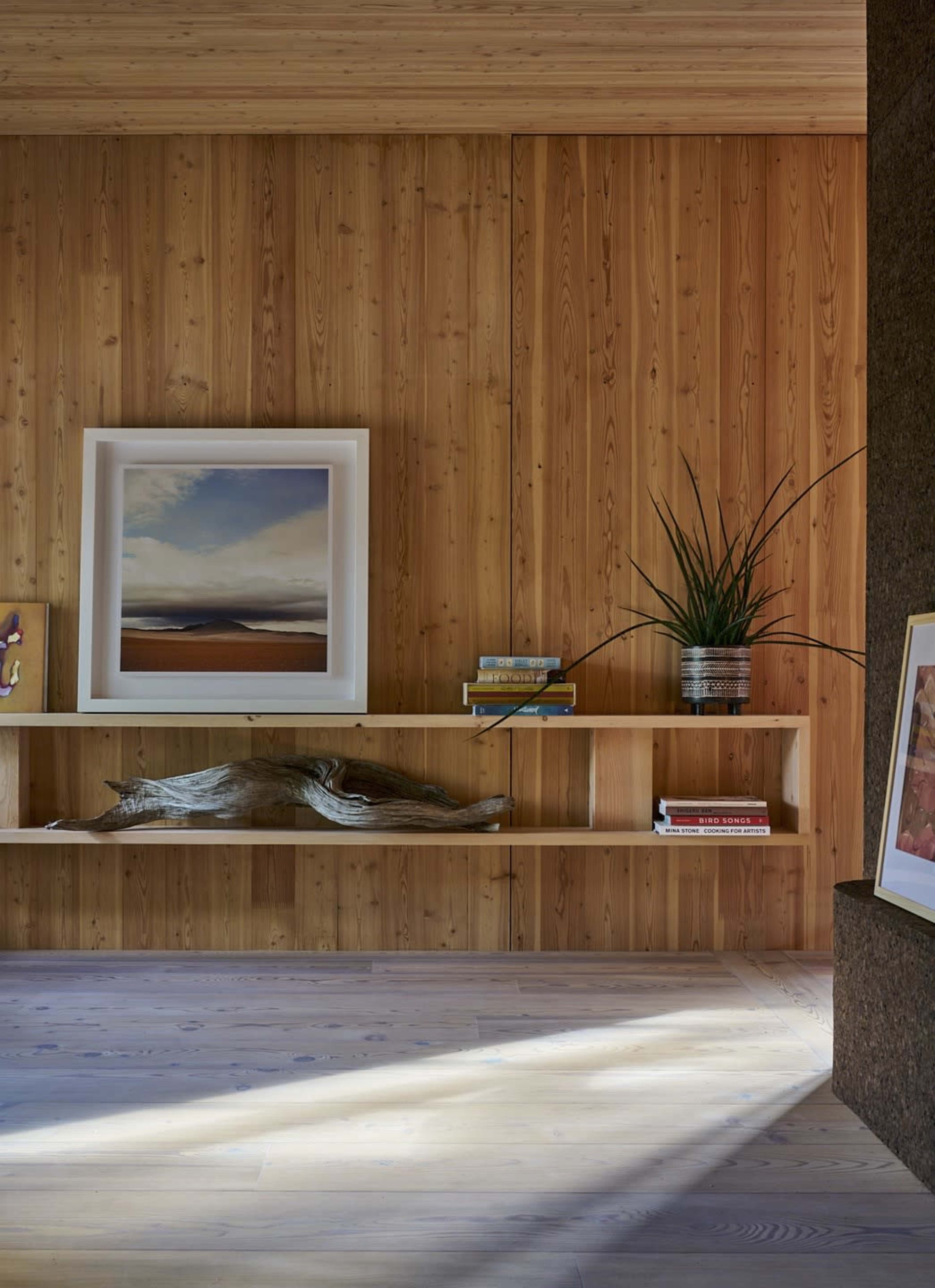 A modern interior with a wooden wall, a framed landscape picture, and a bookshelf featuring books and a decorative plant.