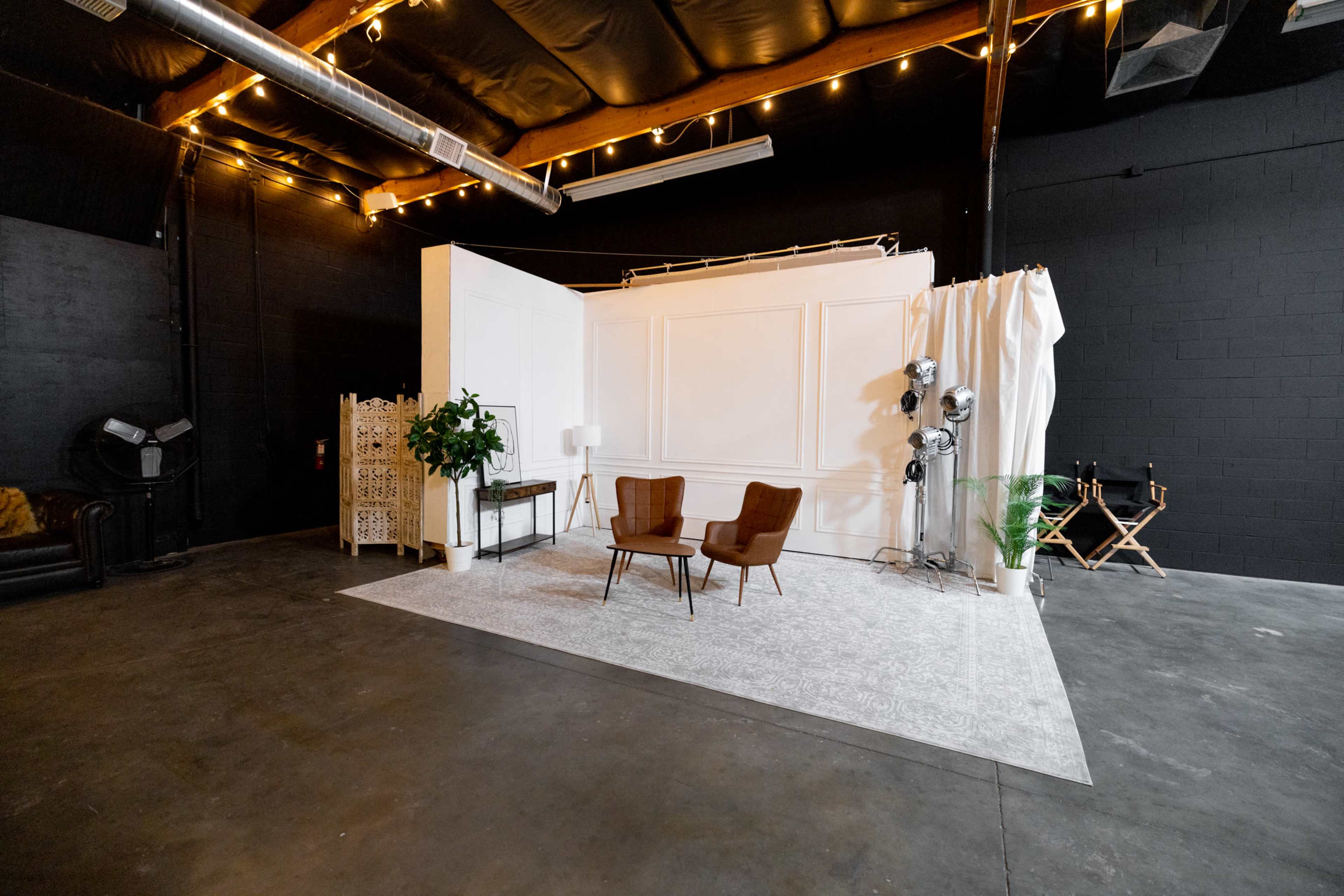 A spacious studio interior features two brown chairs on a patterned rug, surrounded by plants and studio equipment.