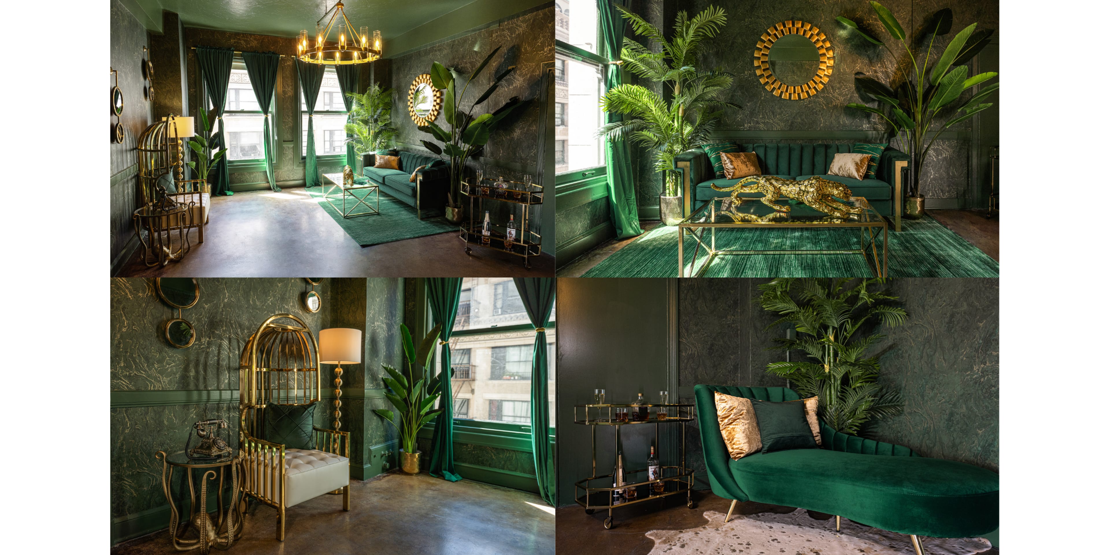 The image showcases a luxurious green-themed interior space featuring a stylish sofa, decorative plants, and elegant furnishings in a well-lit room.