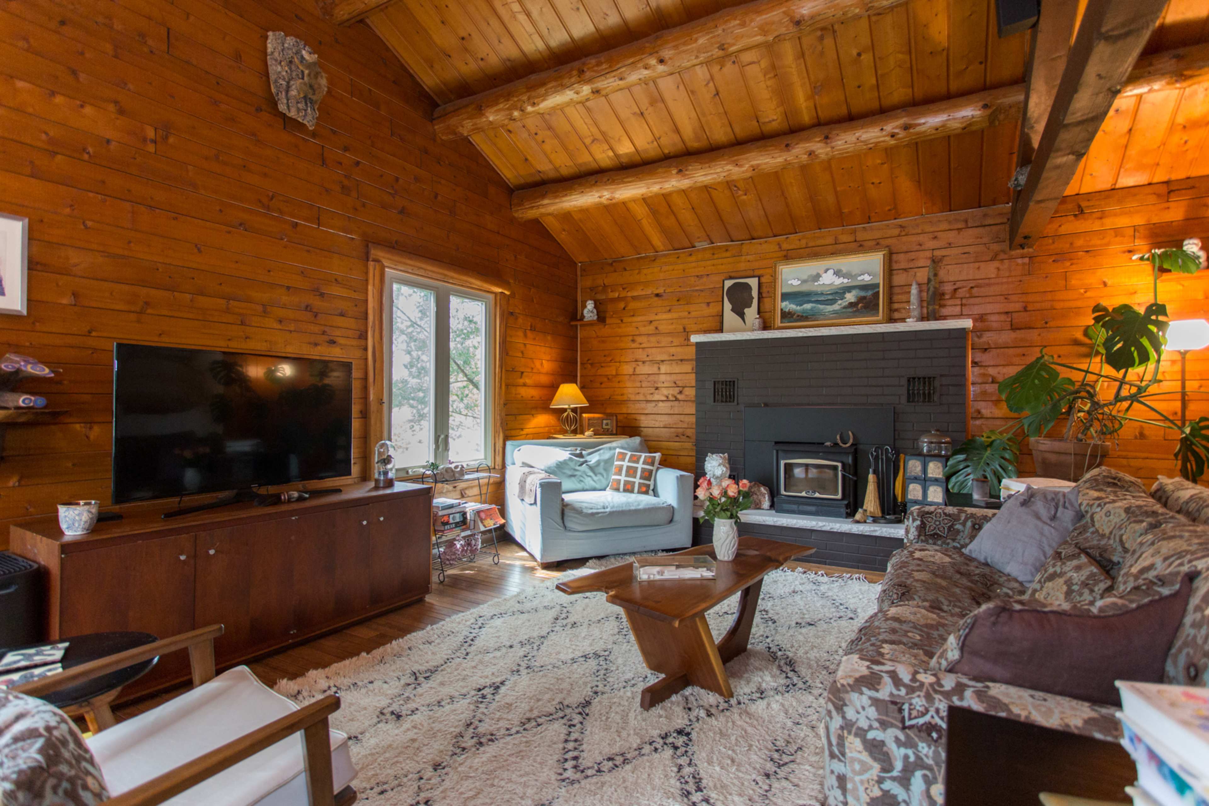 The living room features wooden walls and a vaulted ceiling, with a fireplace, a television, and comfortable seating arranged around a coffee table.