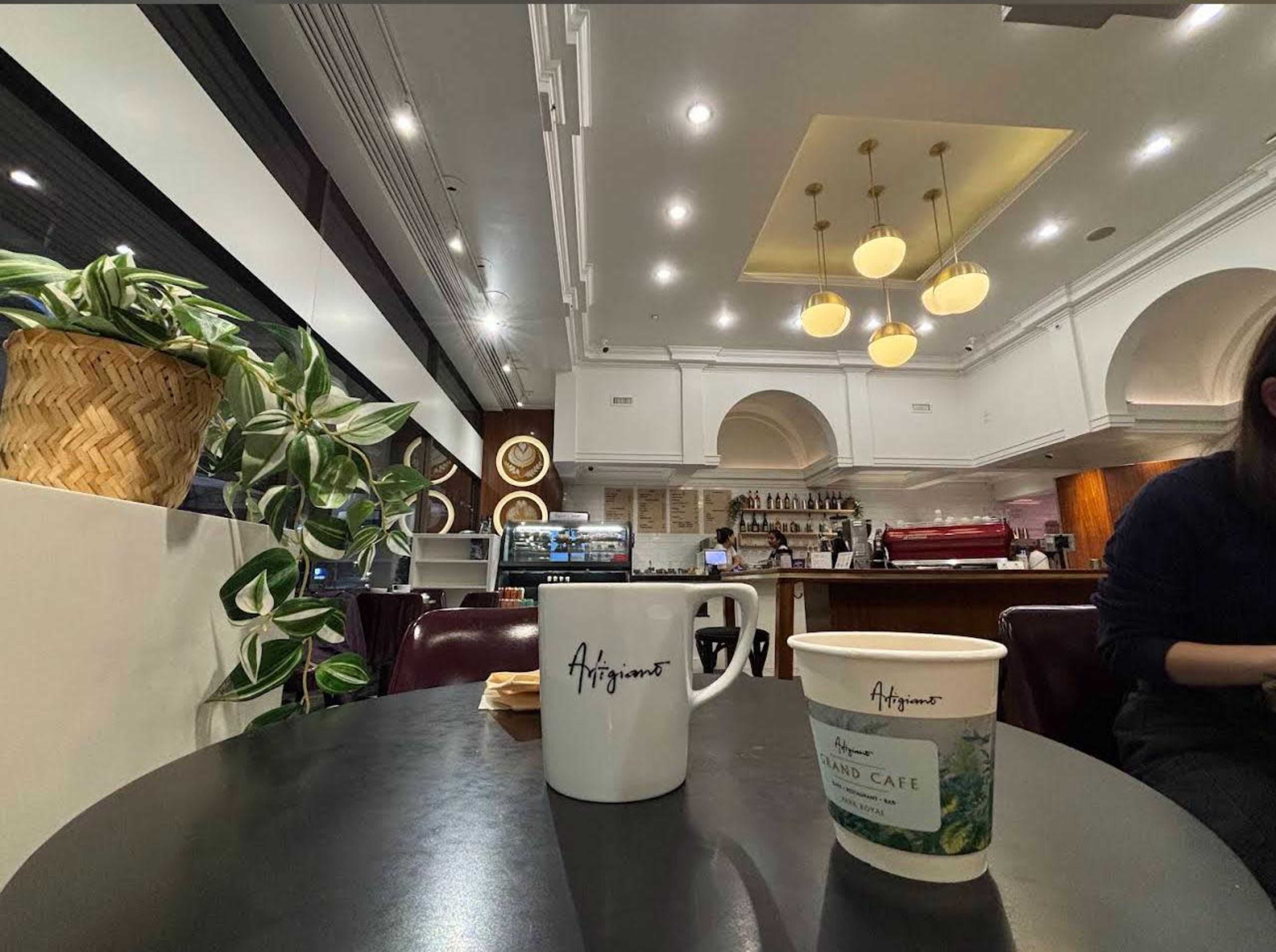 The image shows a cozy café interior with two mugs on a dark table, surrounded by indoor plants and soft lighting, while baristas work in the background.
