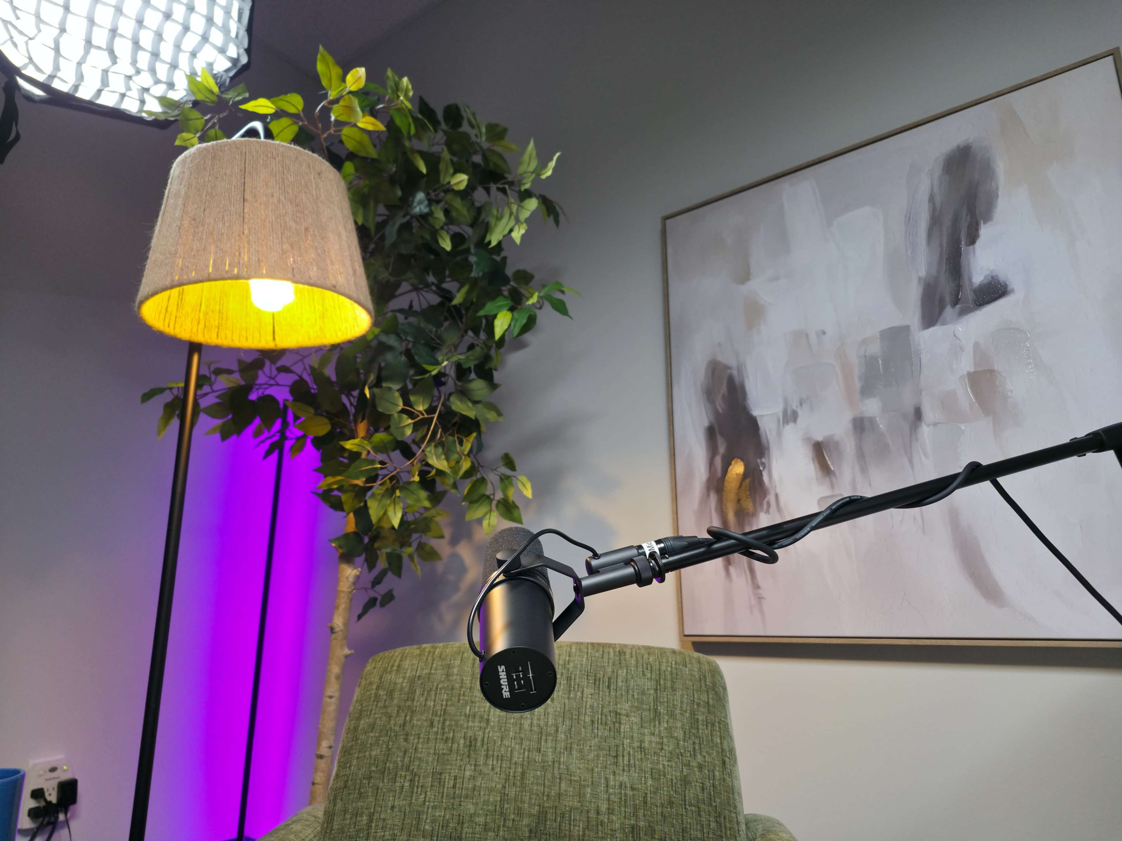 The image shows a microphone positioned near a green chair, with a floor lamp and a potted plant in the background.