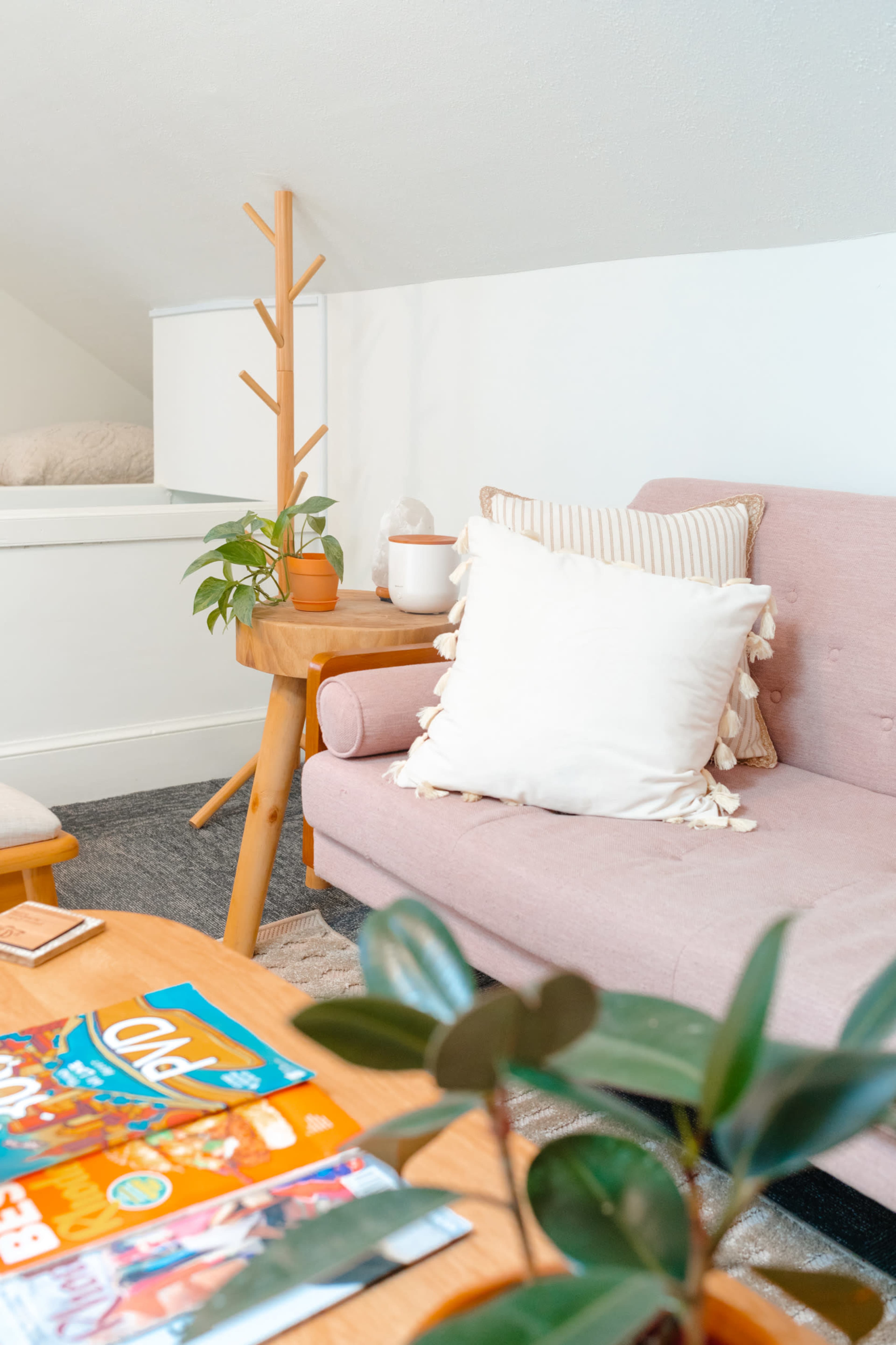 A cozy living space with a pink sofa, a wooden side table, potted plants, and magazines on the table.