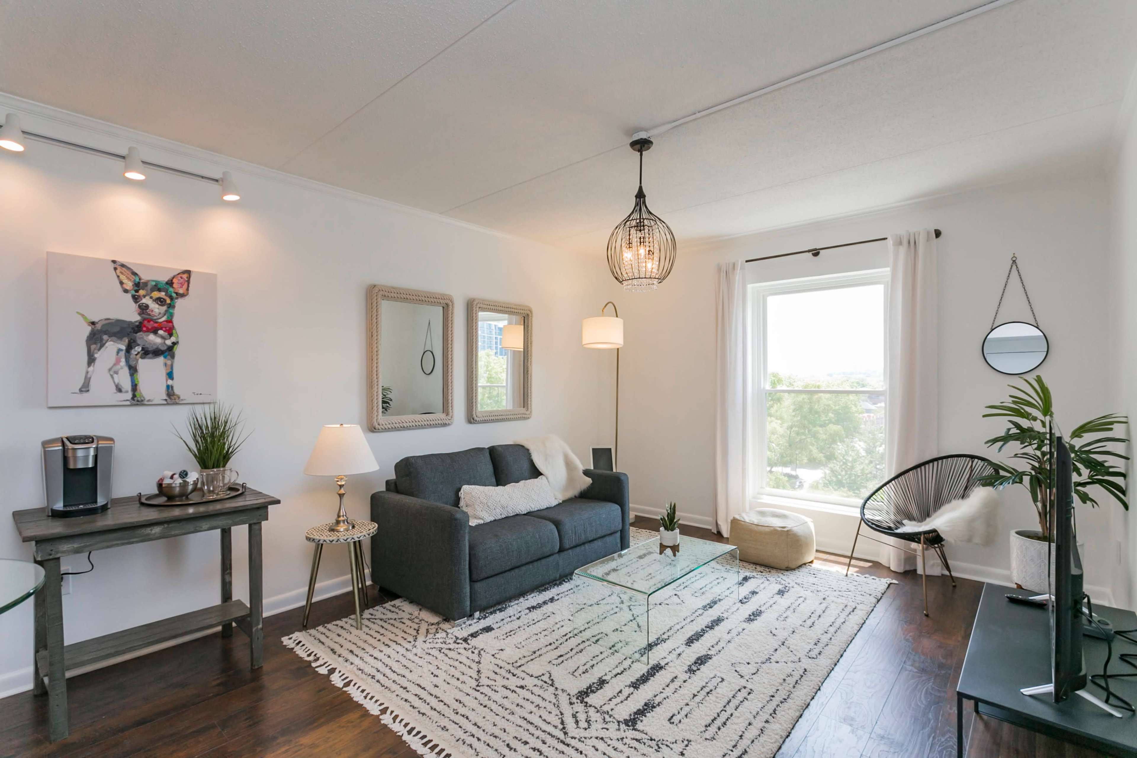 The image shows a modern living room with a gray sofa, a glass coffee table, a decorative plant, and a large window letting in natural light.